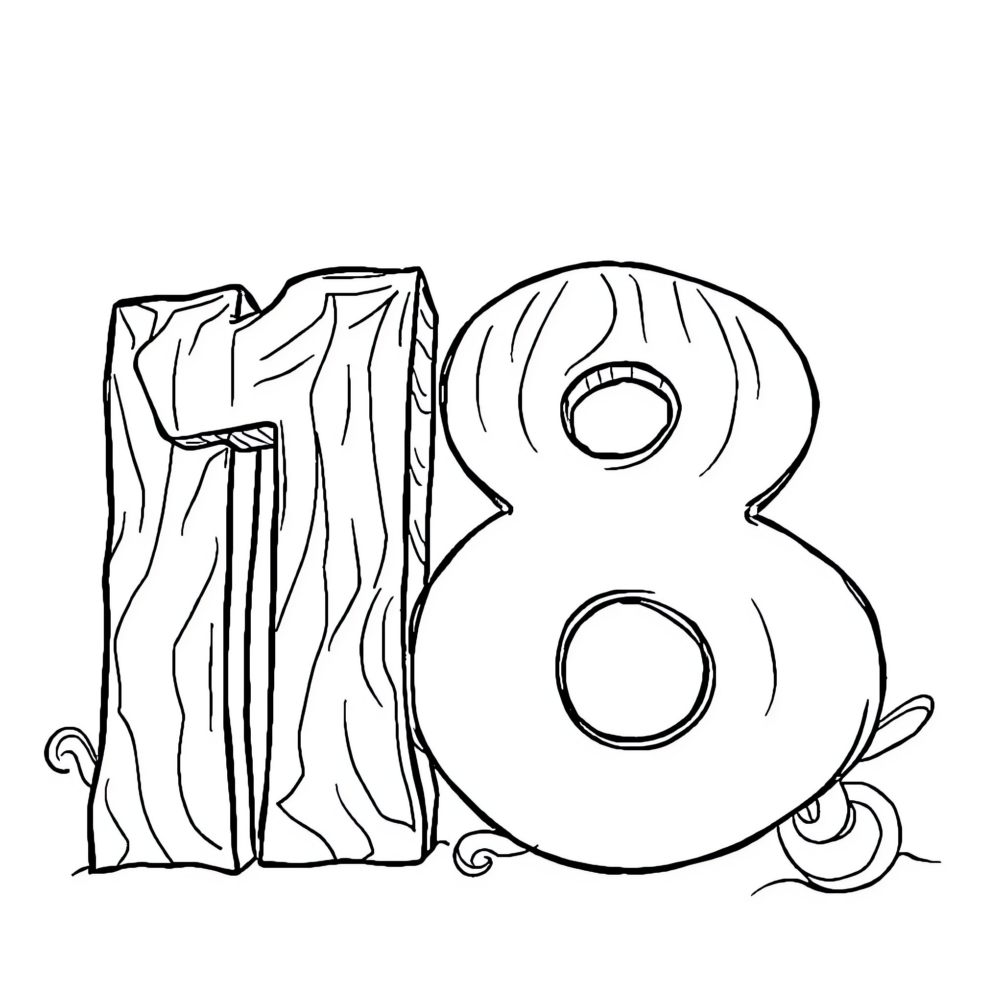Number 18 Outlined in Simple Cartoon Style Coloring Page (free black-and-white line drawing printable PDF for all, from beginners to advanced learners, including children, teens, adults, and seniors)