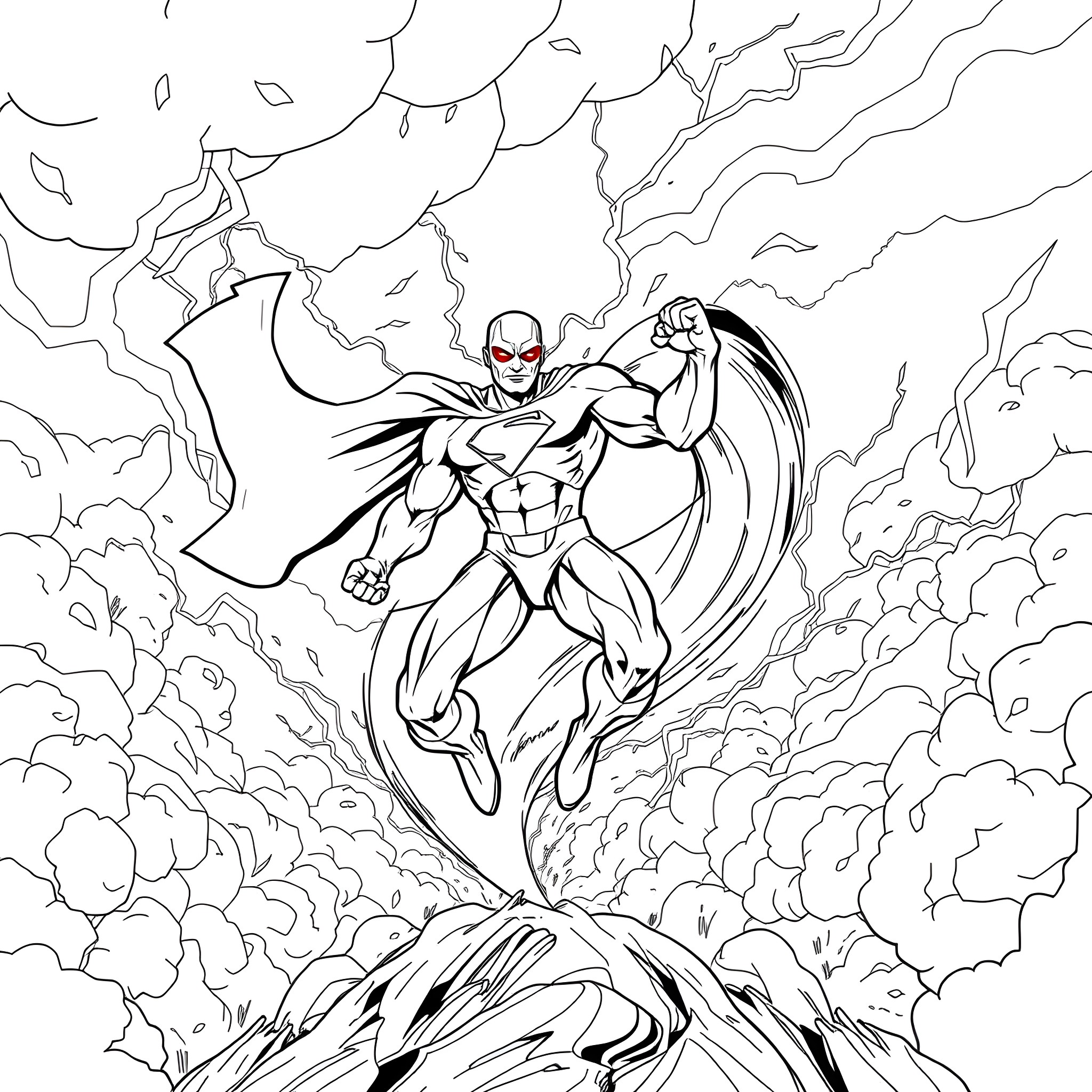 Tornado superhero in action pose Coloring Page (free black-and-white line drawing printable PDF for all, from beginners to advanced learners, including children, teens, adults, and seniors)