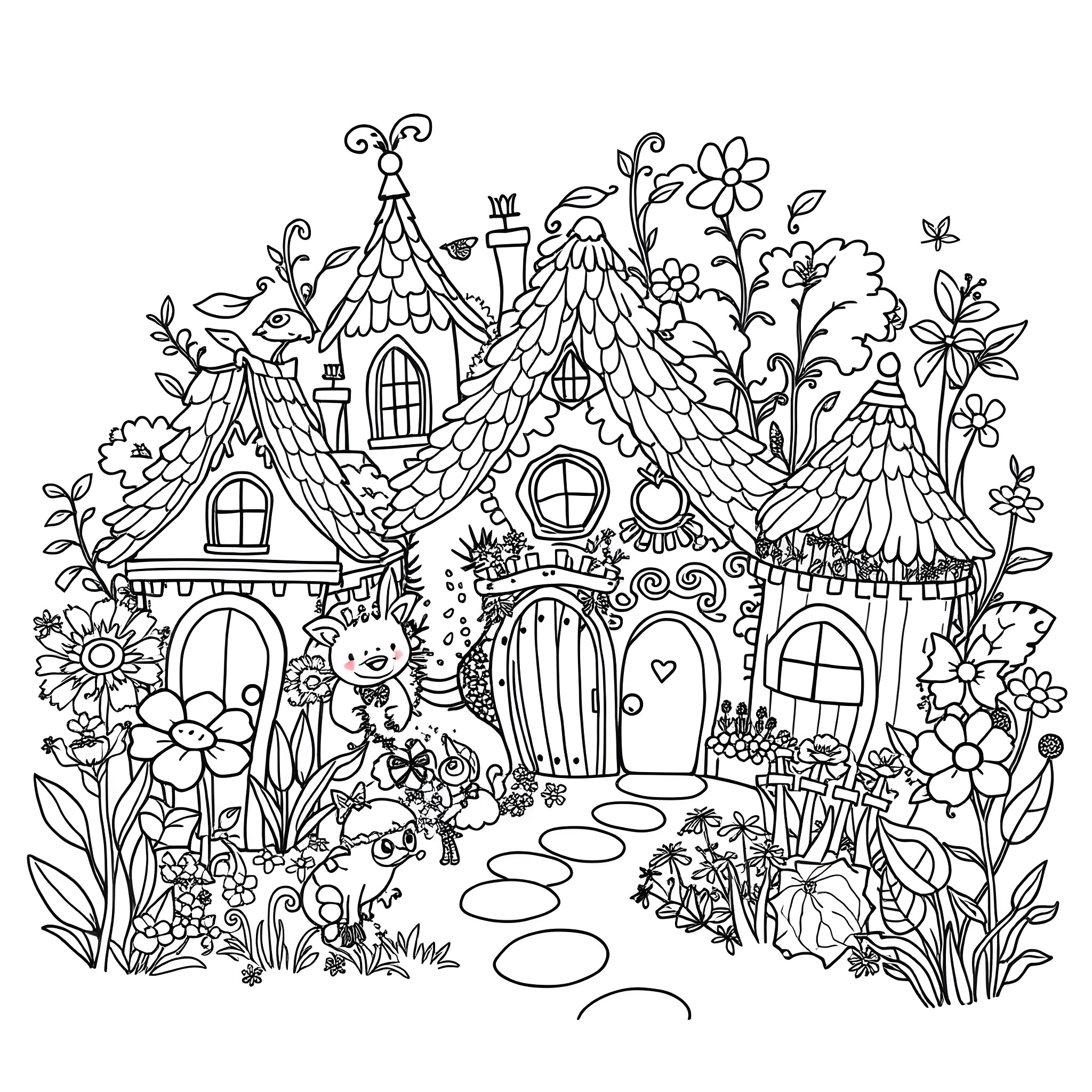 Cottage of Whimsical Creatures in a Lush Garden Coloring Page (free black-and-white line drawing printable PDF for all, from beginners to advanced learners, including children, teens, adults, and seniors)