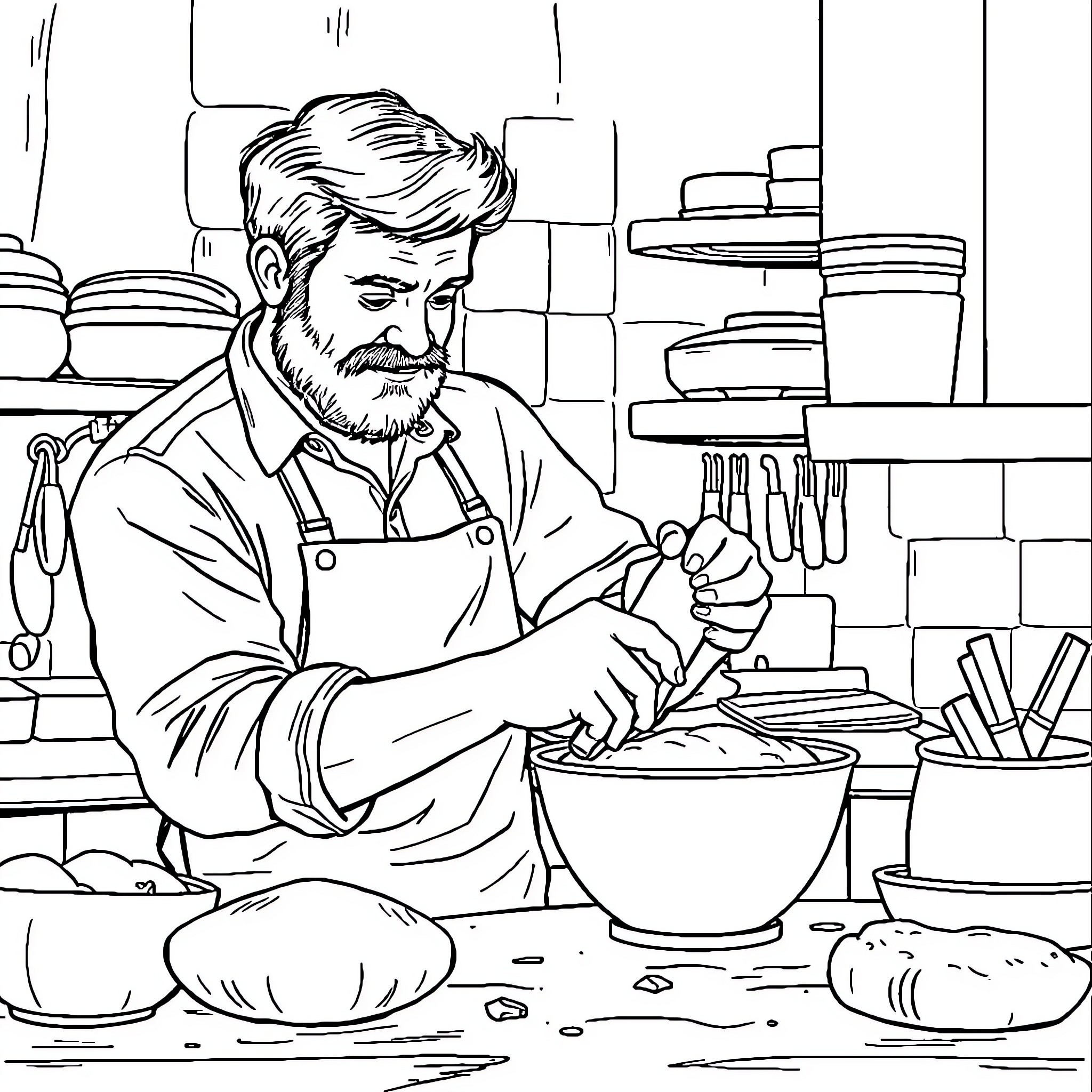 Dad preparing a meal in the kitchen Coloring Page (free black-and-white line drawing printable PDF for all, from beginners to advanced learners, including children, teens, adults, and seniors)