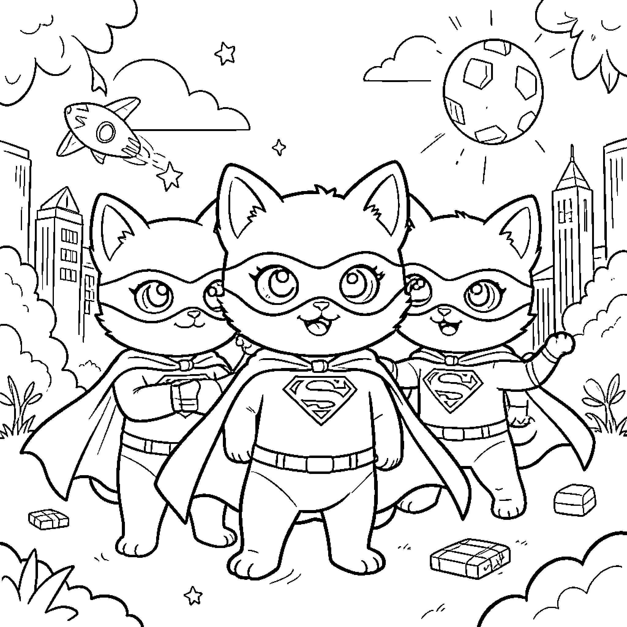 Superkittens save the day in the city Coloring Page (free black-and-white line drawing printable PDF for all, from beginners to advanced learners, including children, teens, adults, and seniors)
