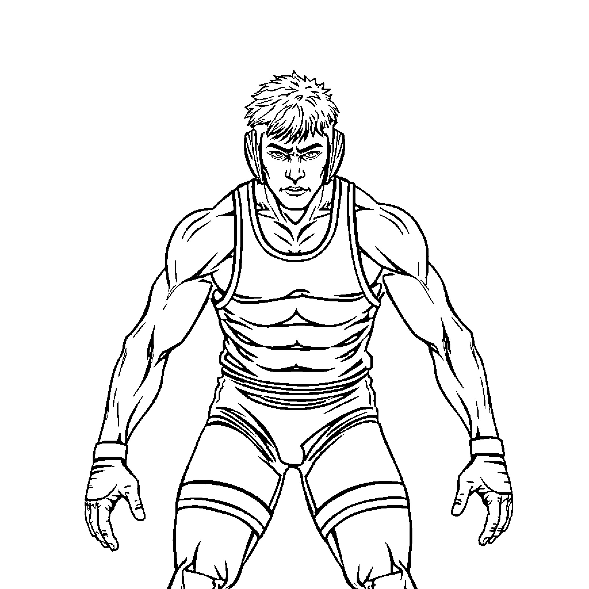 Wrestler in intense grappling pose Coloring Page (free black-and-white line drawing printable PDF for all, from beginners to advanced learners, including children, teens, adults, and seniors)