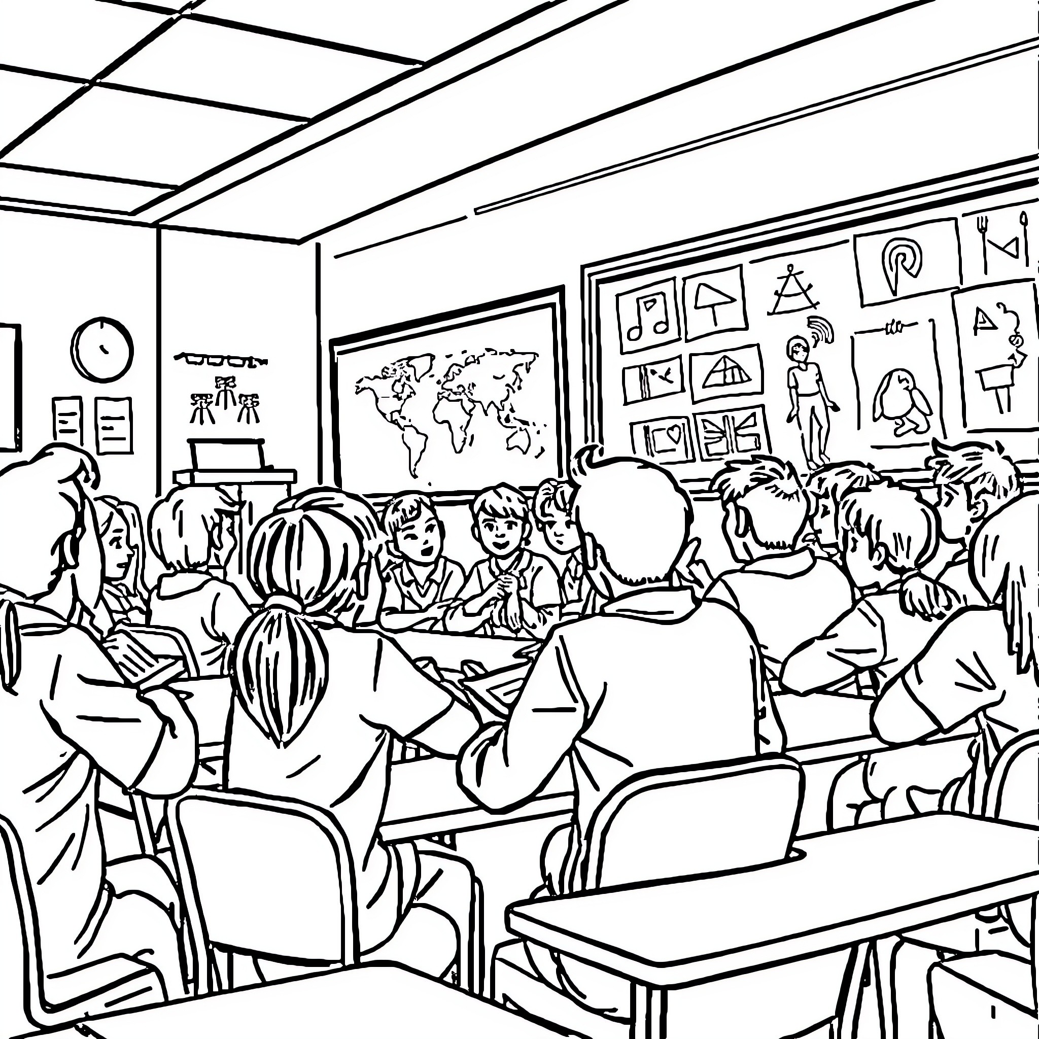 Education in a Diverse Classroom Coloring Page (free black-and-white line drawing printable PDF for all, from beginners to advanced learners, including children, teens, adults, and seniors)