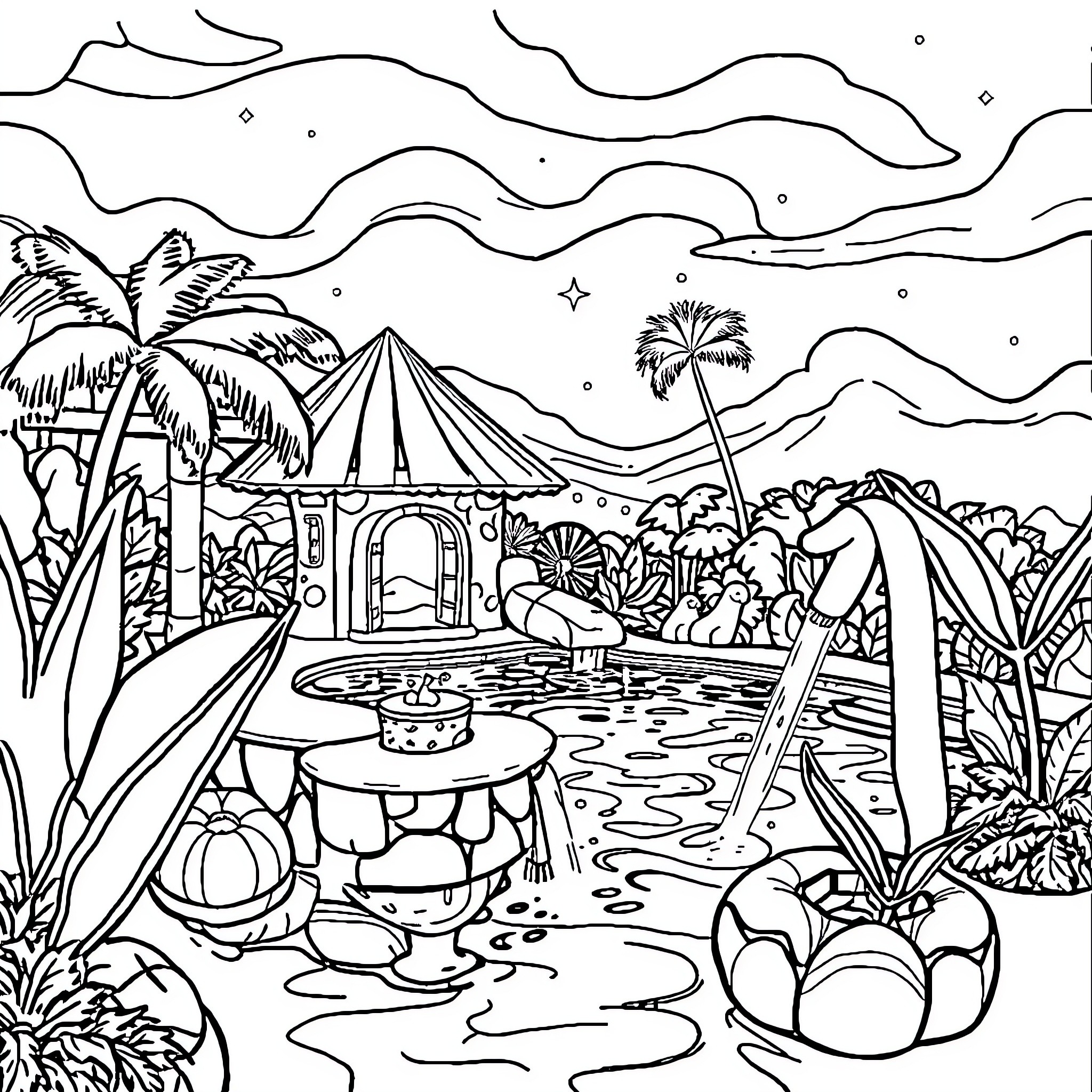 Mansion in a tropical resort paradise Coloring Page (free black-and-white line drawing printable PDF for all, from beginners to advanced learners, including children, teens, adults, and seniors)