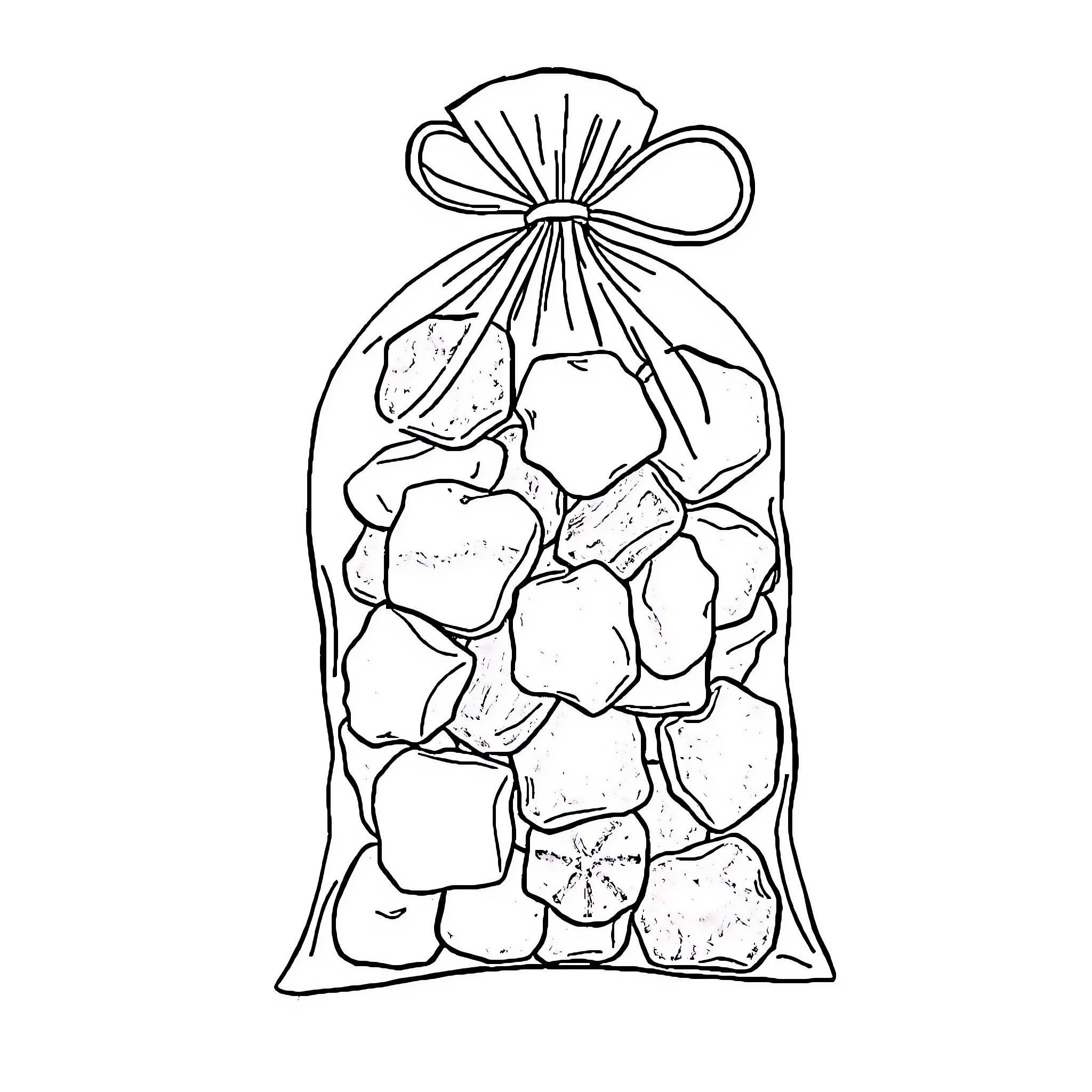 Candy Rocks in a Tied Bag Coloring Page (free black-and-white line drawing printable PDF for all, from beginners to advanced learners, including children, teens, adults, and seniors)