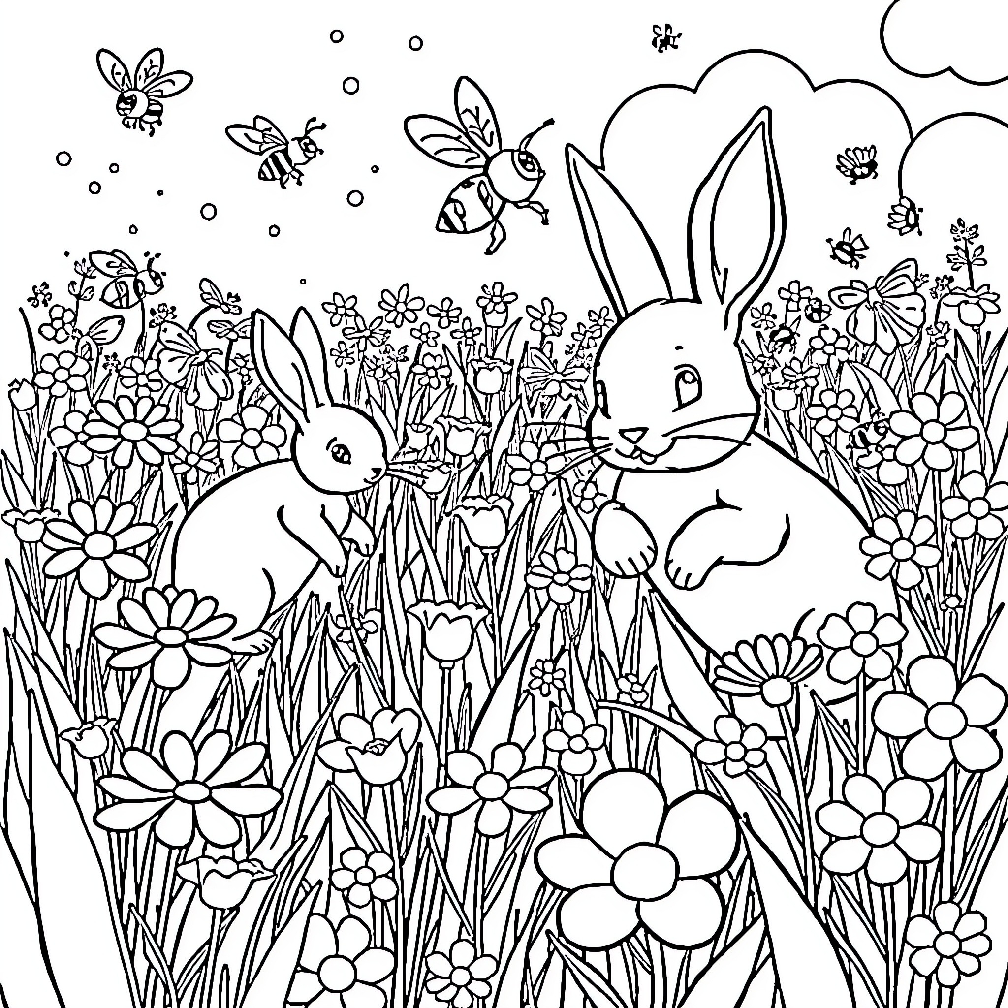 Bee Enjoying Spring Flowers with Rabbits Coloring Page (free black-and-white line drawing printable PDF for all, from beginners to advanced learners, including children, teens, adults, and seniors)