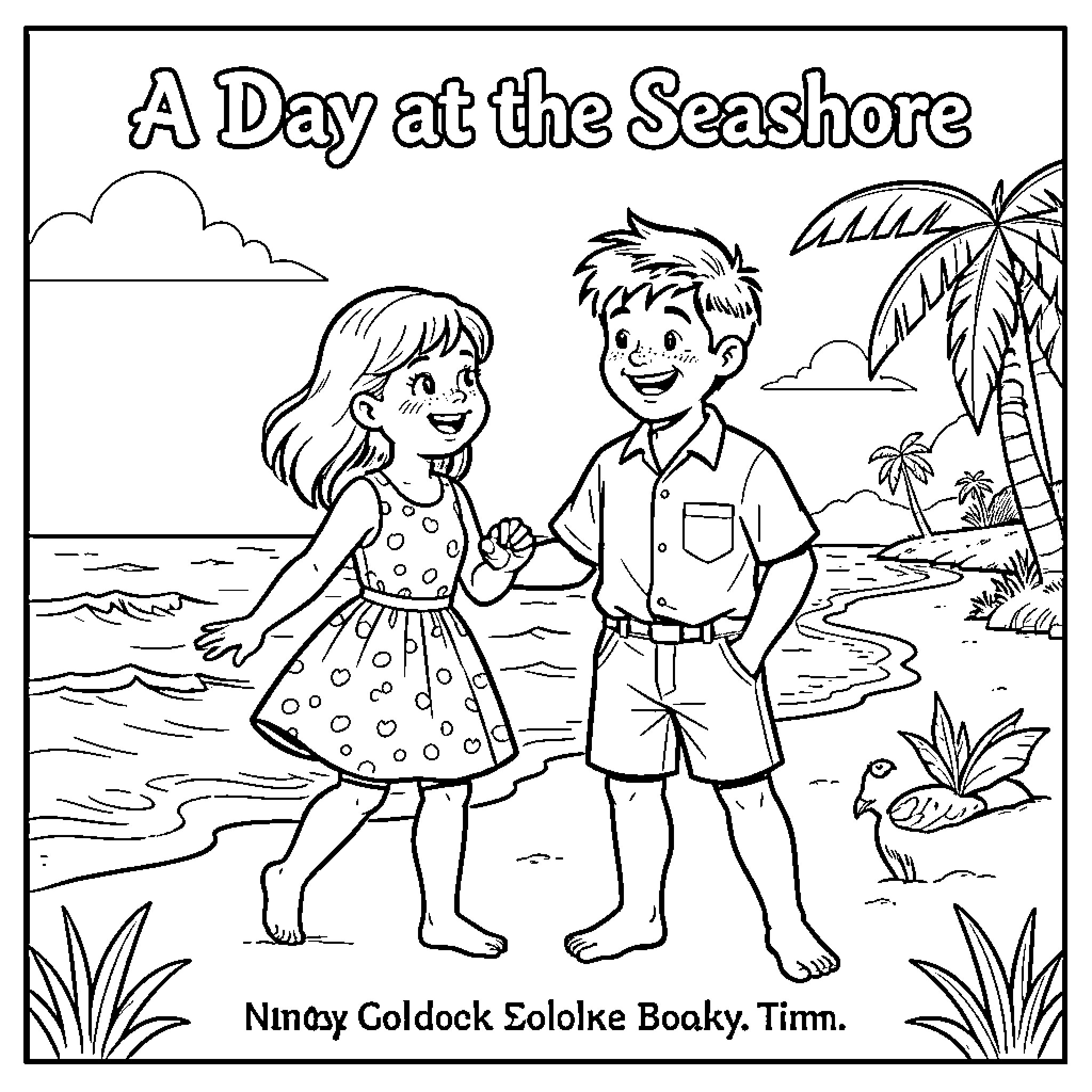 Nancy walking happily on the beach with a friend Coloring Page (free black-and-white line drawing printable PDF for all, from beginners to advanced learners, including children, teens, adults, and seniors)