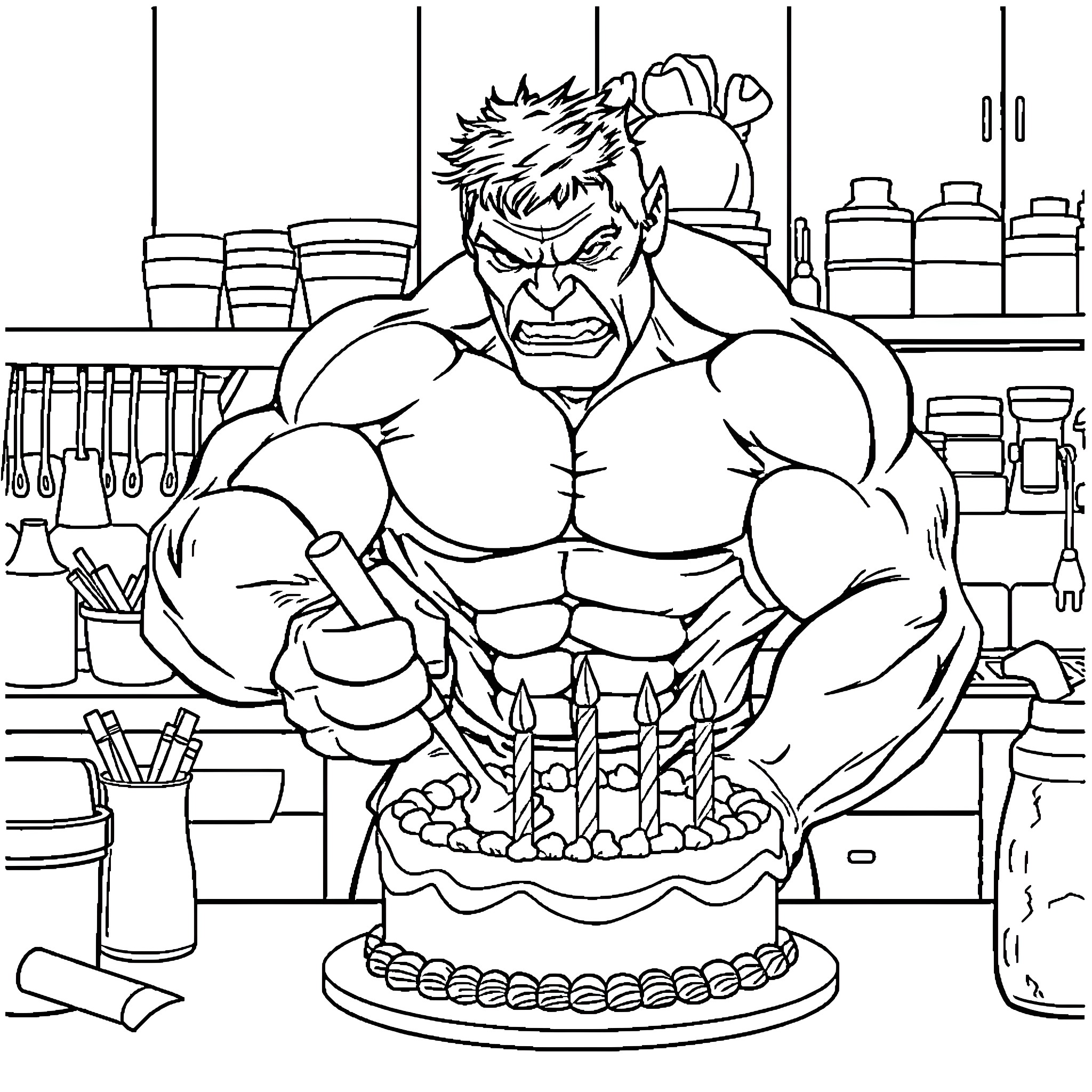 Hulk celebrates birthday with cake and kitchen appliances Coloring Page (free black-and-white line drawing printable PDF for all, from beginners to advanced learners, including children, teens, adults, and seniors)