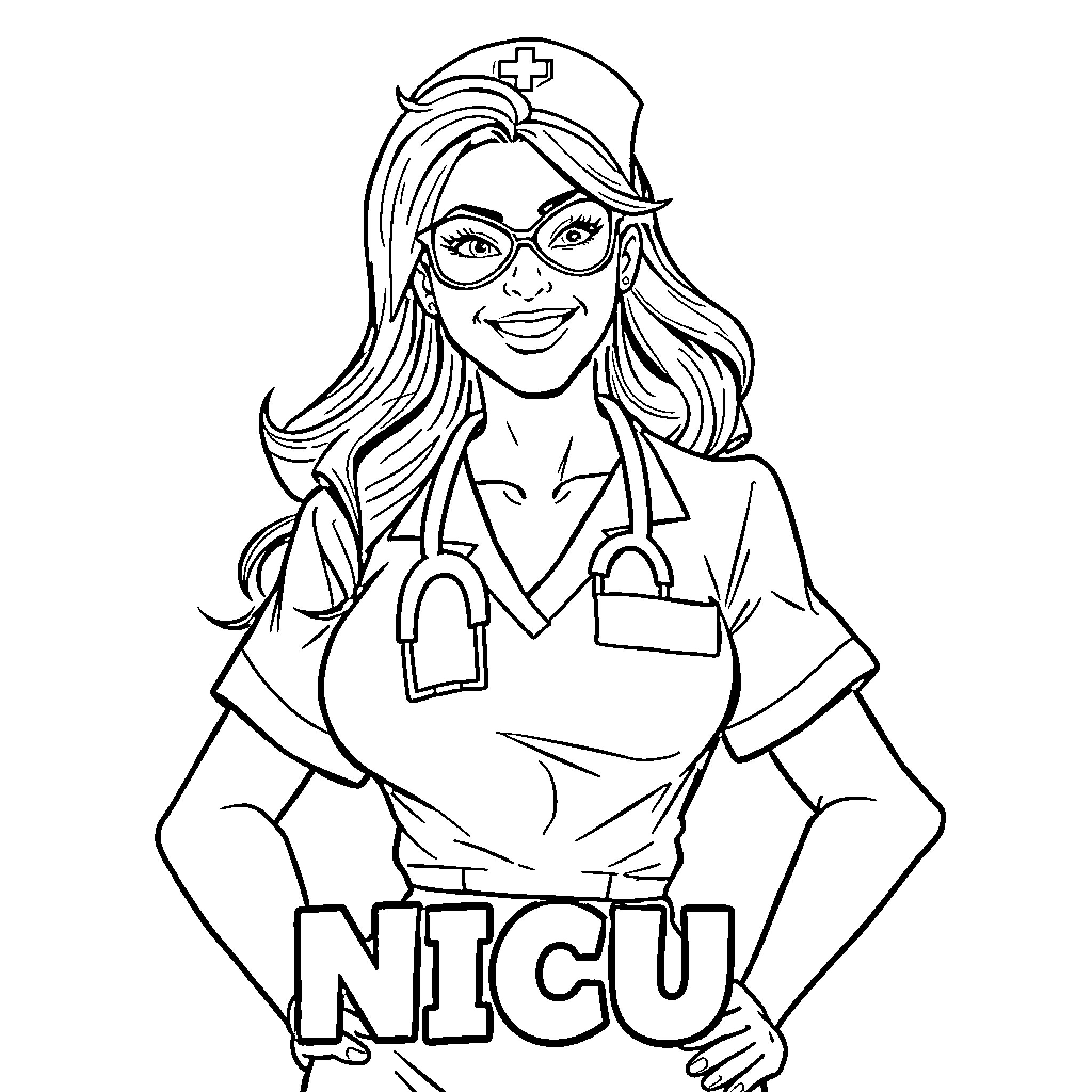 Superwoman Nurse Caring and Compassionate Coloring Page (free black-and-white line drawing printable PDF for all, from beginners to advanced learners, including children, teens, adults, and seniors)