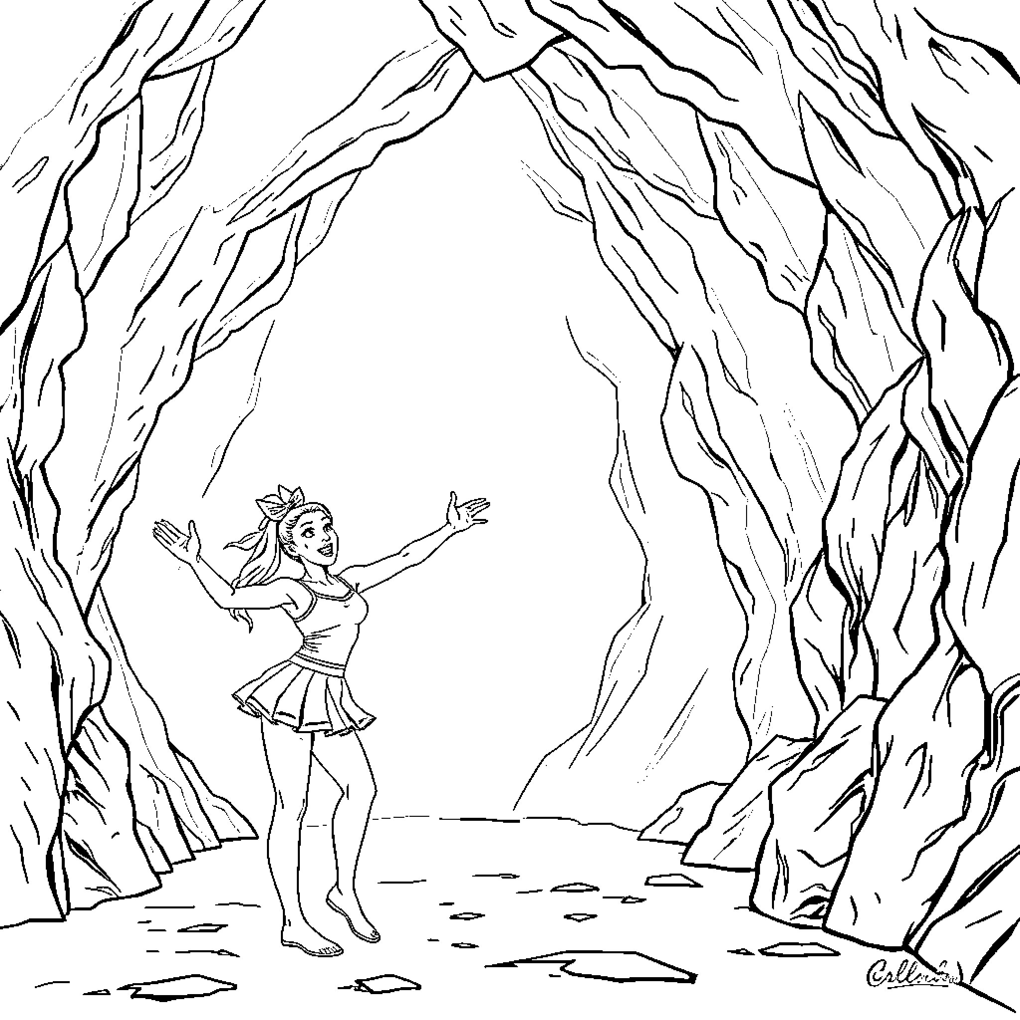 Cheerleader Poses Gracefully in Magical Forest Coloring Page (free black-and-white line drawing printable PDF for all, from beginners to advanced learners, including children, teens, adults, and seniors)