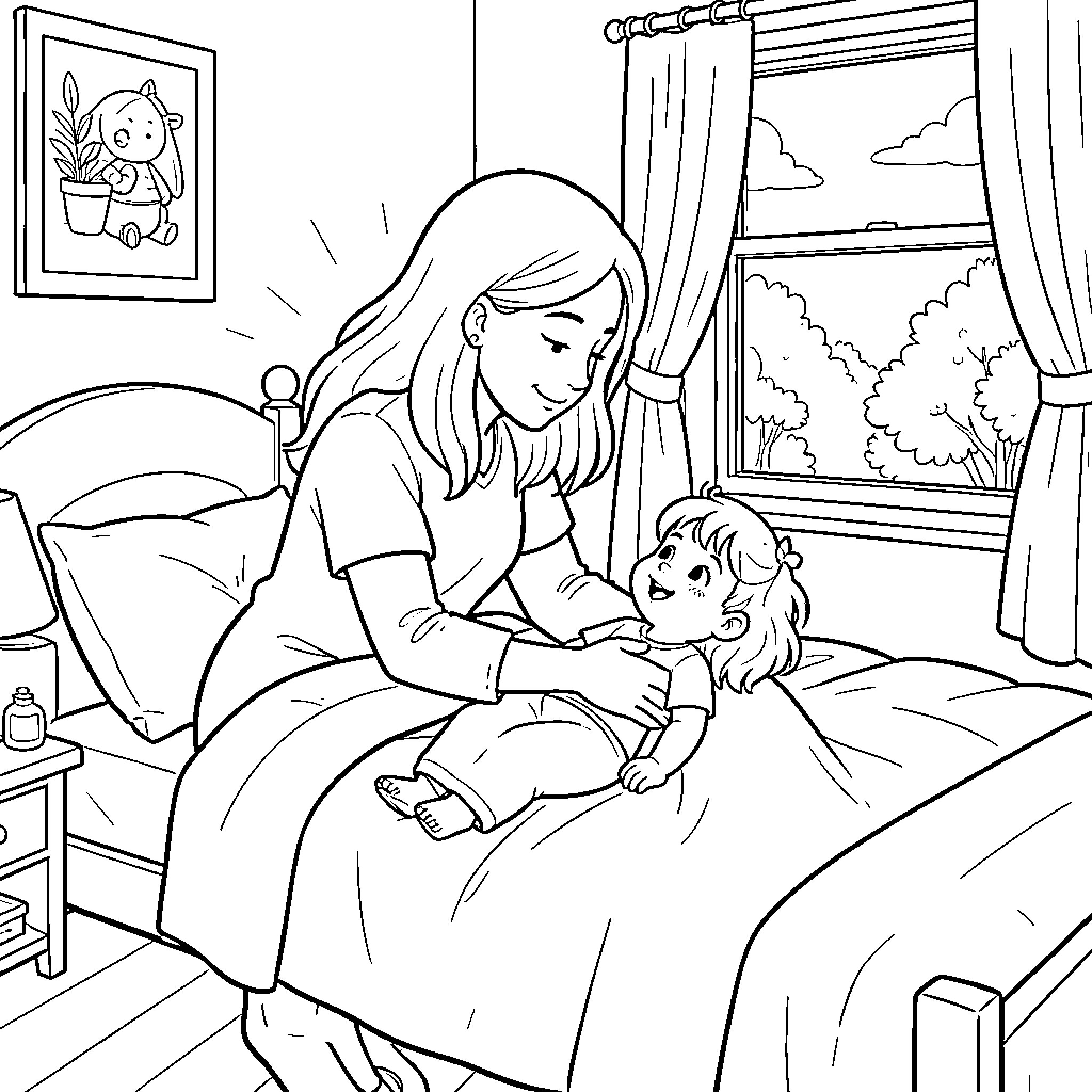 Mother comforting child in bedroom Coloring Page (free black-and-white line drawing printable PDF for all, from beginners to advanced learners, including children, teens, adults, and seniors)