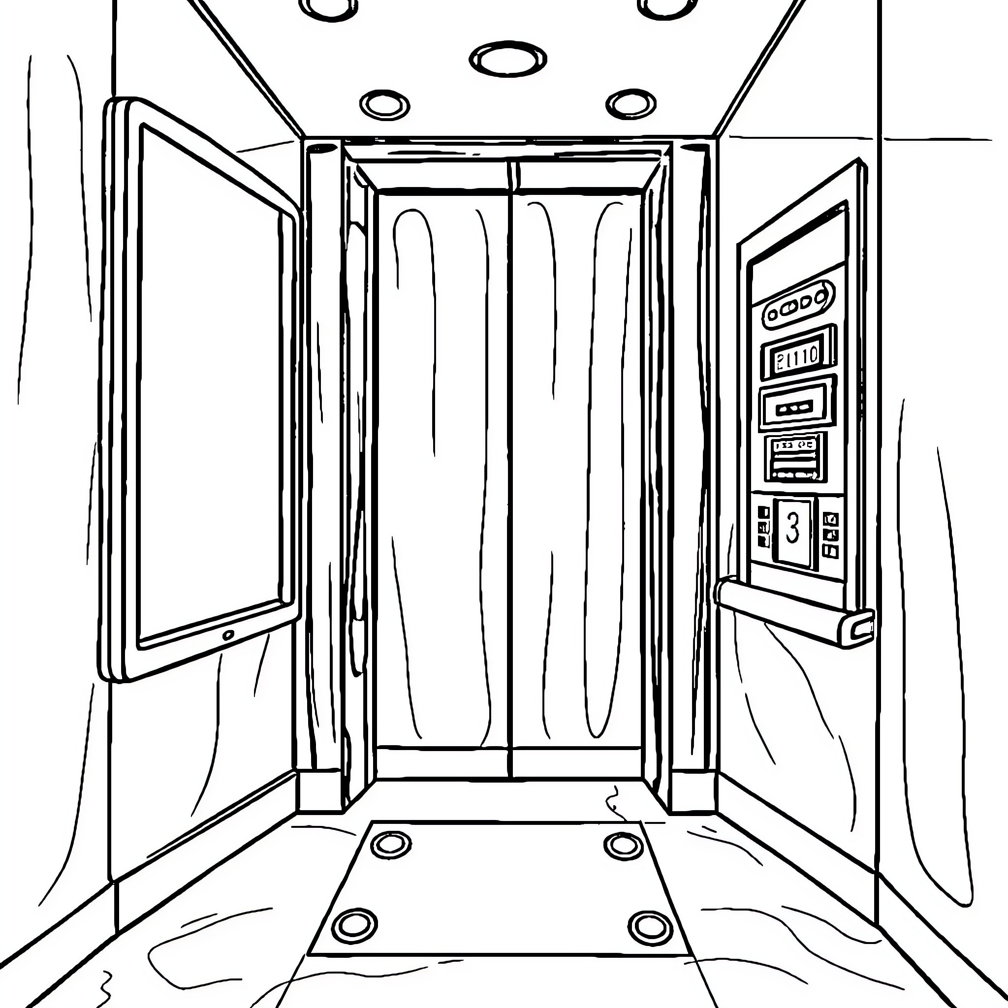 Elevator with open doors and control panel Coloring Page (free black-and-white line drawing printable PDF for all, from beginners to advanced learners, including children, teens, adults, and seniors)