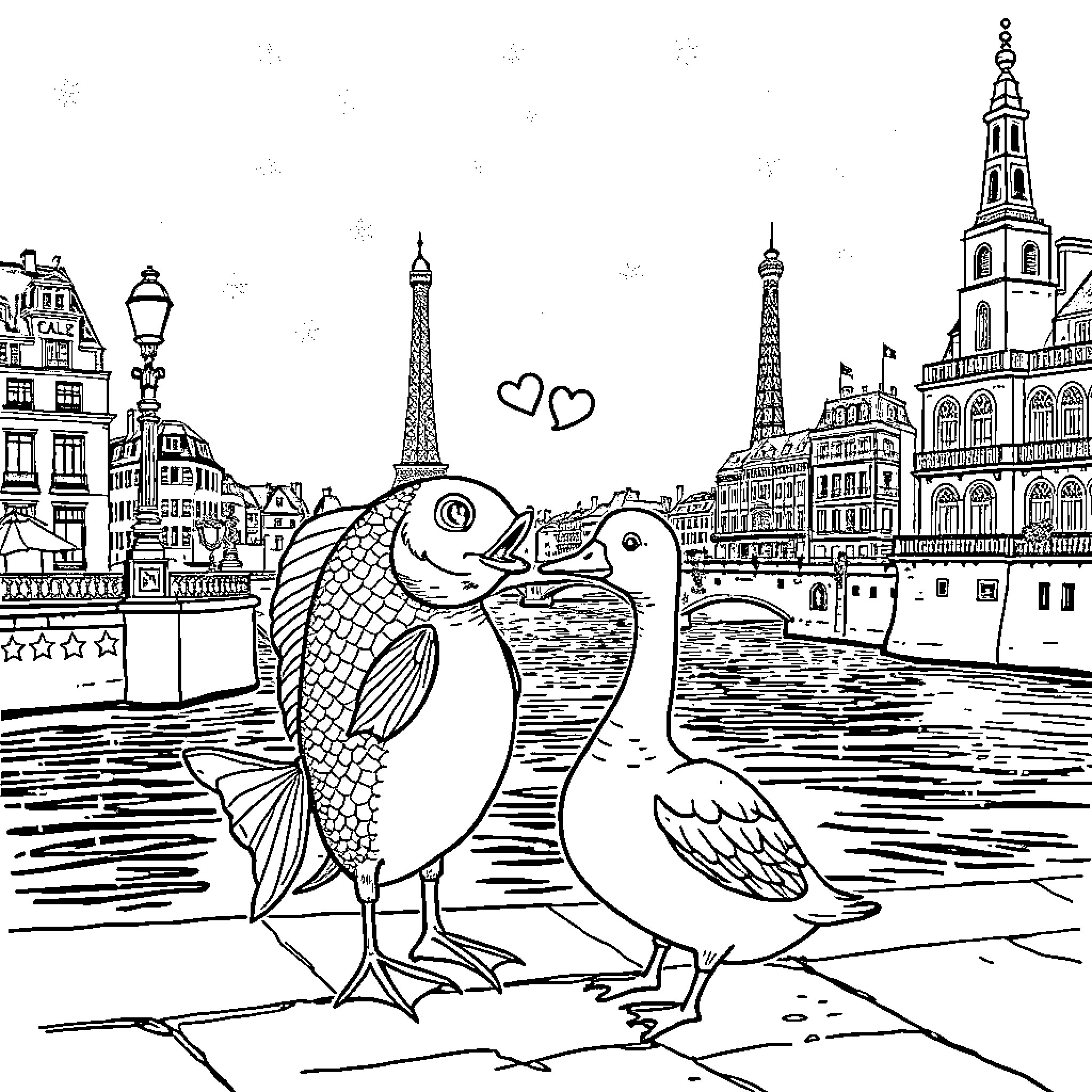 Fish exploring Paris with feathered companion Coloring Page (free black-and-white line drawing printable PDF for all, from beginners to advanced learners, including children, teens, adults, and seniors)