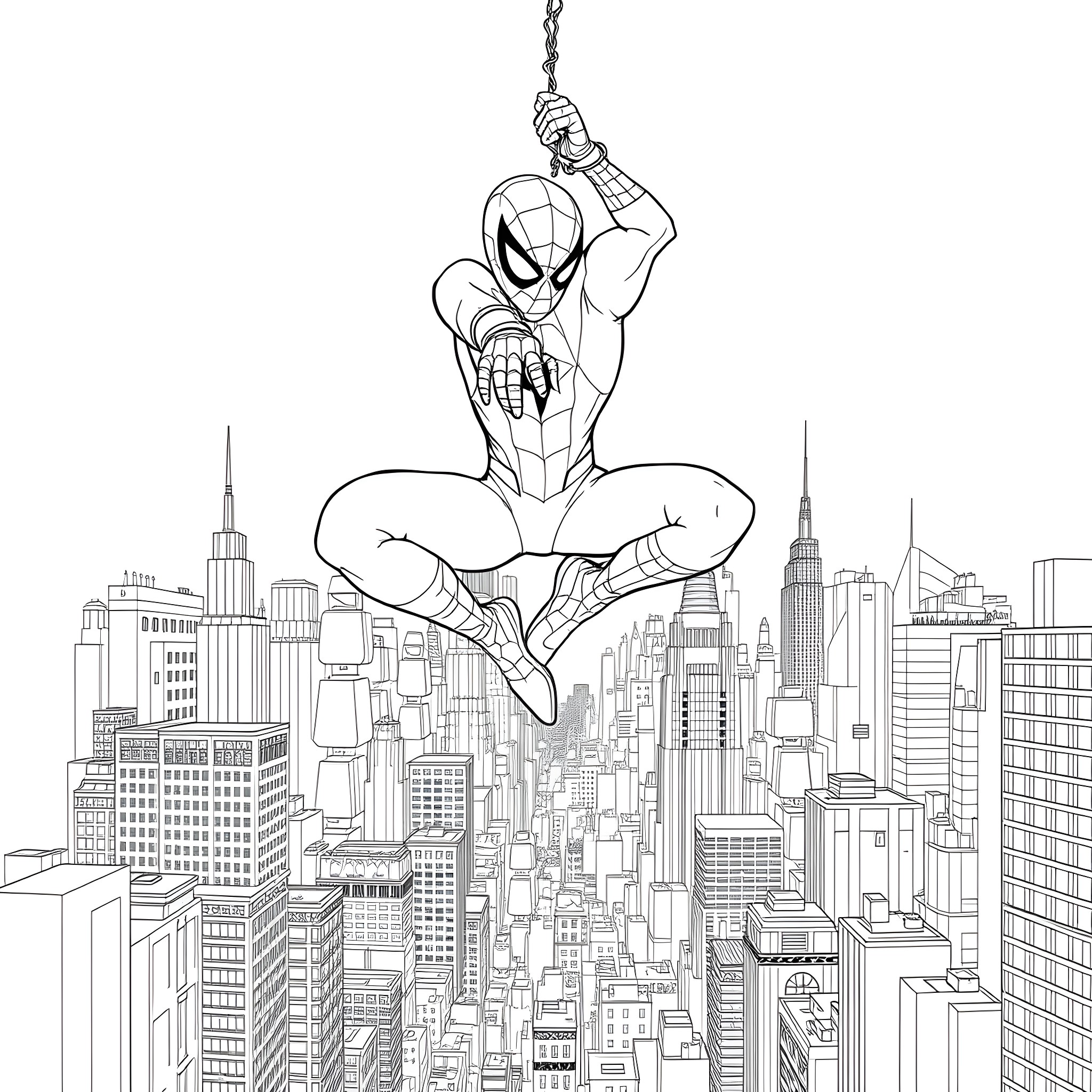 Spiderman swinging through the towering cityscape Coloring Page (free black-and-white line drawing printable PDF for all, from beginners to advanced learners, including children, teens, adults, and seniors)