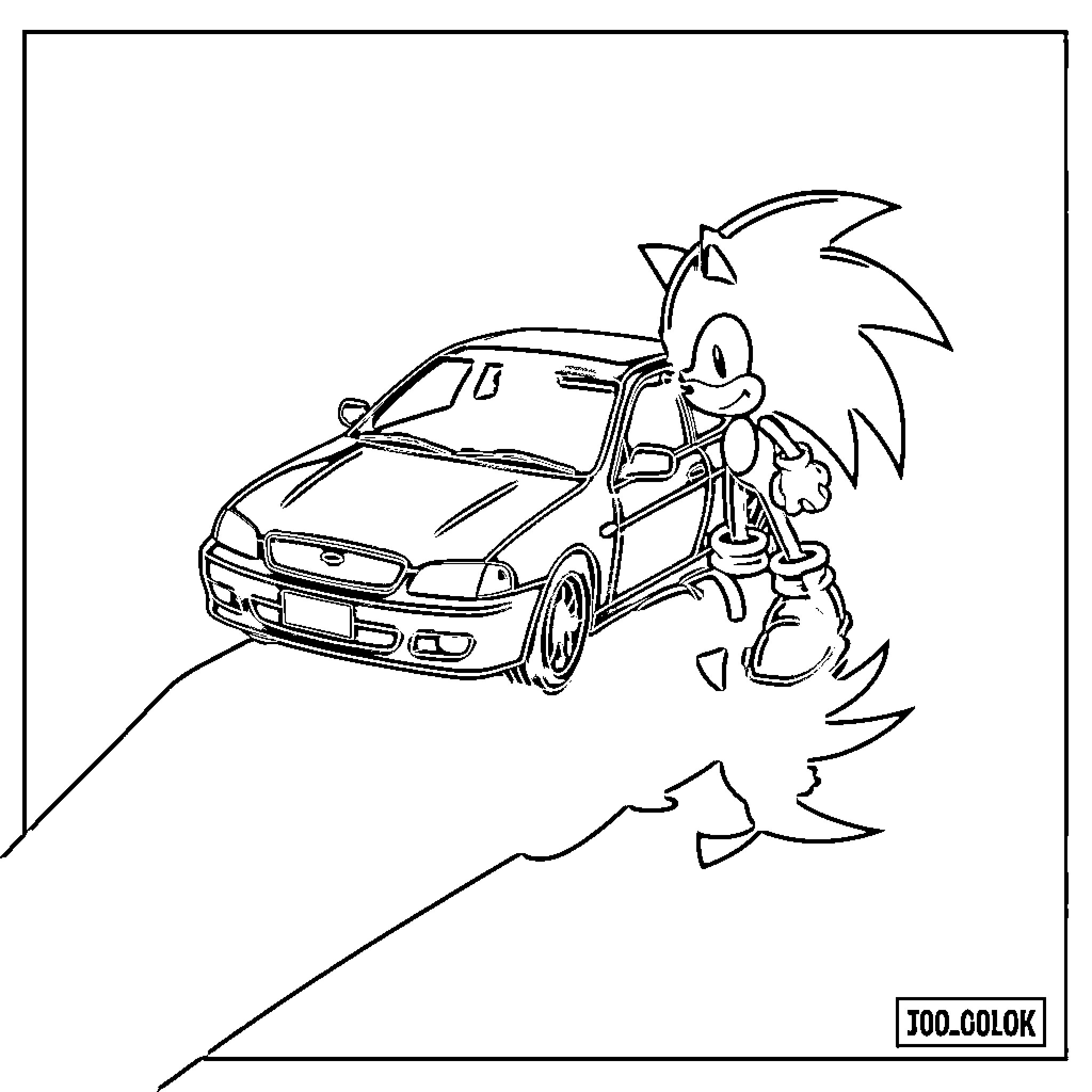 Shadow Car Racing with Speedy Character Coloring Page (free black-and-white line drawing printable PDF for all, from beginners to advanced learners, including children, teens, adults, and seniors)