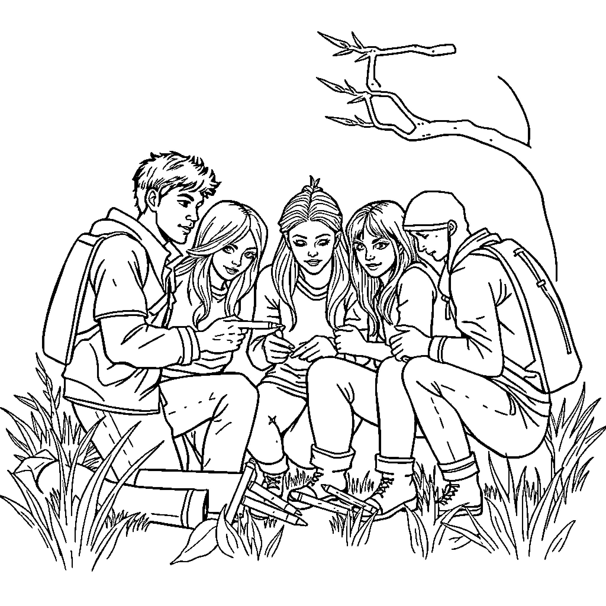 Huntrix Teens Exploring Nature Together Coloring Page (free black-and-white line drawing printable PDF for all, from beginners to advanced learners, including children, teens, adults, and seniors)