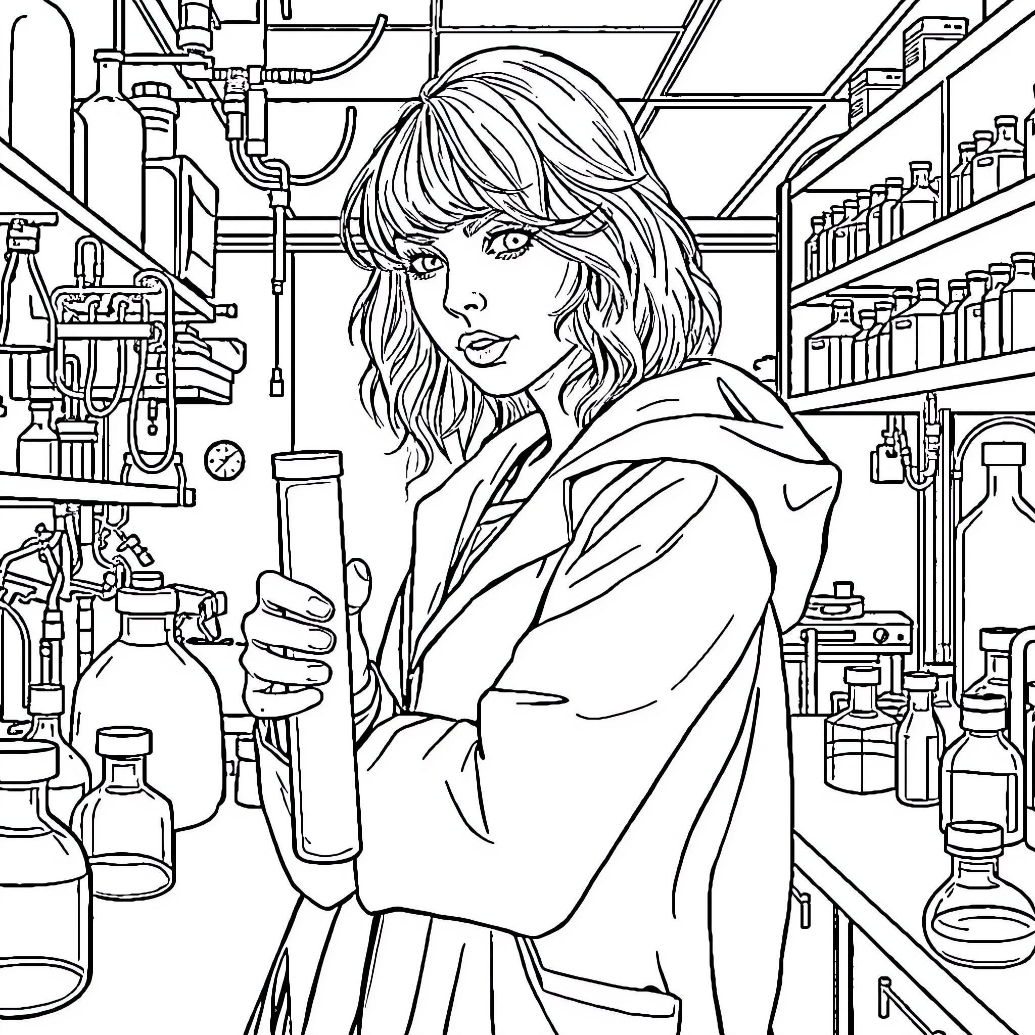 Taylor Swift in a scientific laboratory Coloring Page (free black-and-white line drawing printable PDF for all, from beginners to advanced learners, including children, teens, adults, and seniors)