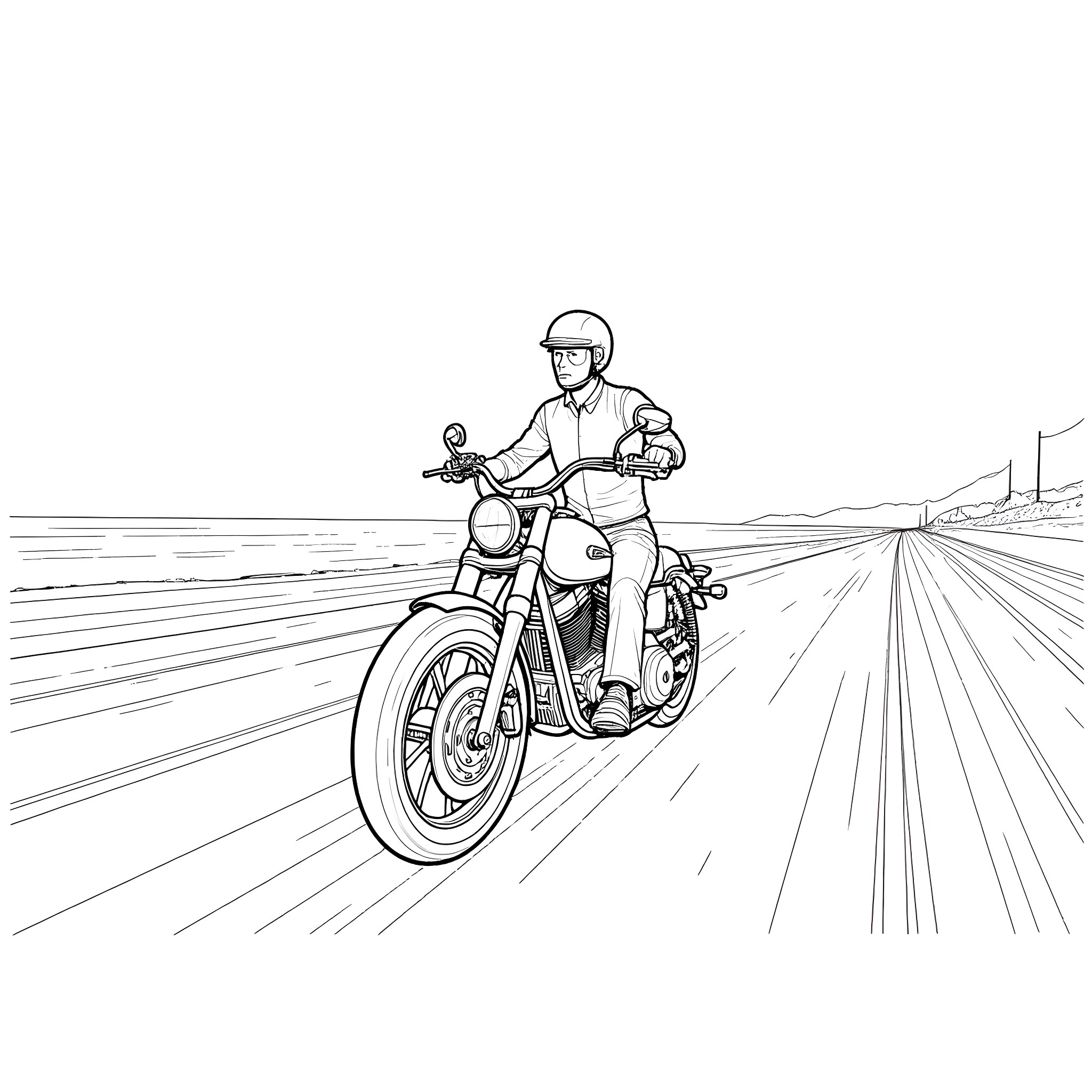 Harley riding motorcycle on open road Coloring Page (free black-and-white line drawing printable PDF for all, from beginners to advanced learners, including children, teens, adults, and seniors)
