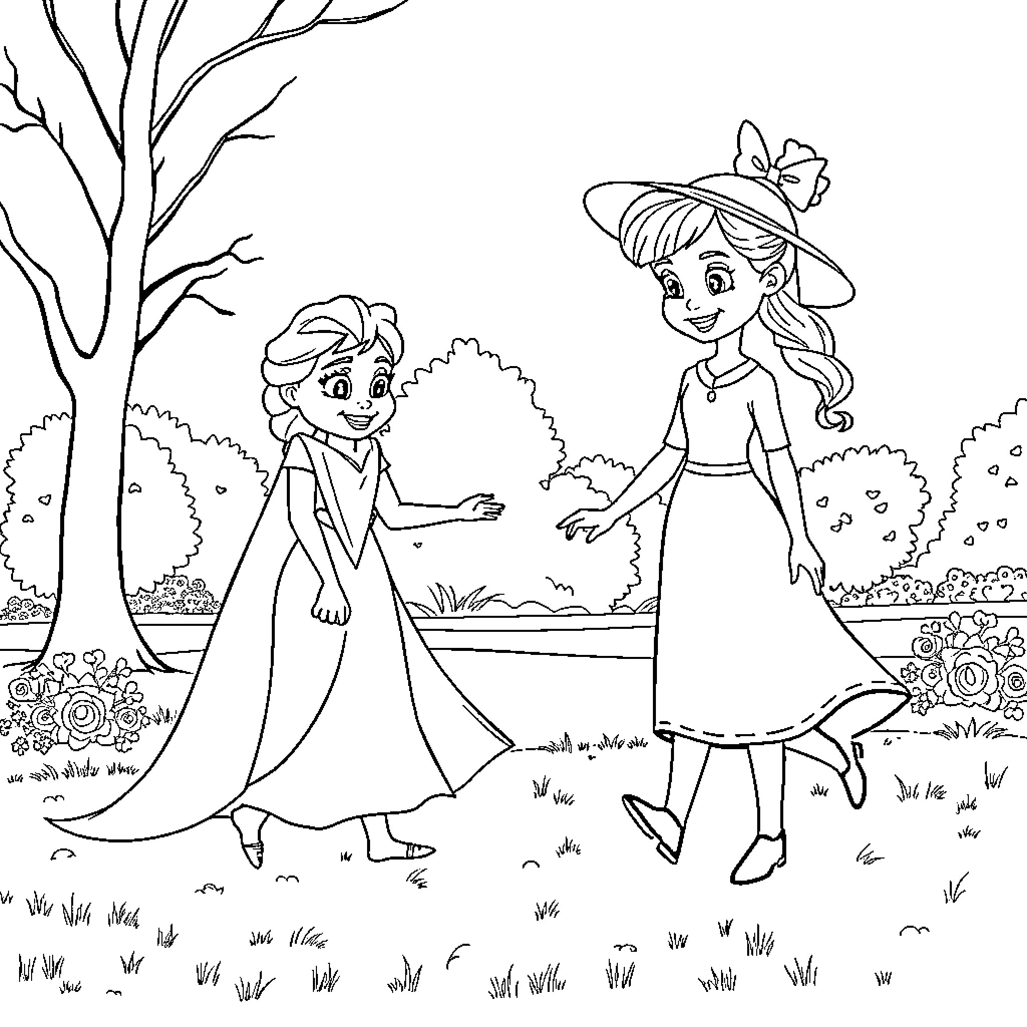 Elsa and Anna enjoying a stroll through the park Coloring Page (free black-and-white line drawing printable PDF for all, from beginners to advanced learners, including children, teens, adults, and seniors)