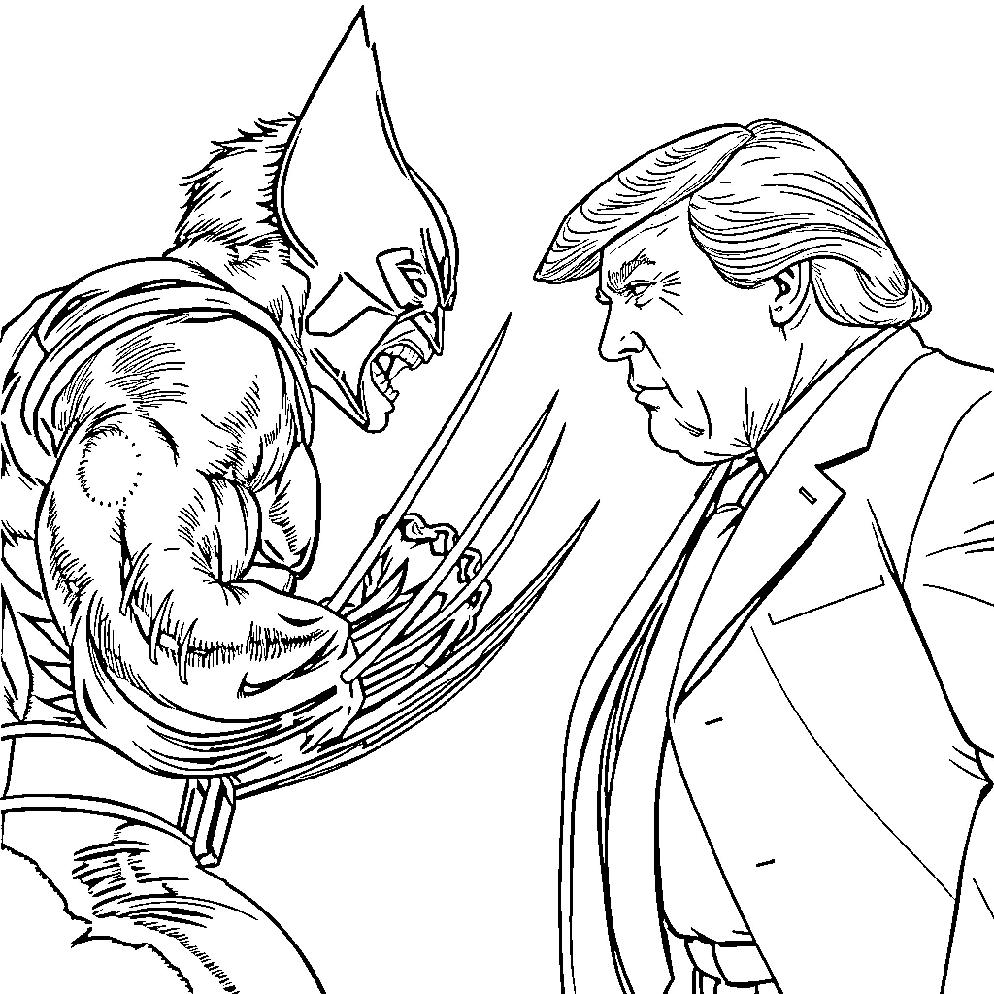 Wolverine confronting an authoritative figure Coloring Page (free black-and-white line drawing printable PDF for all, from beginners to advanced learners, including children, teens, adults, and seniors)
