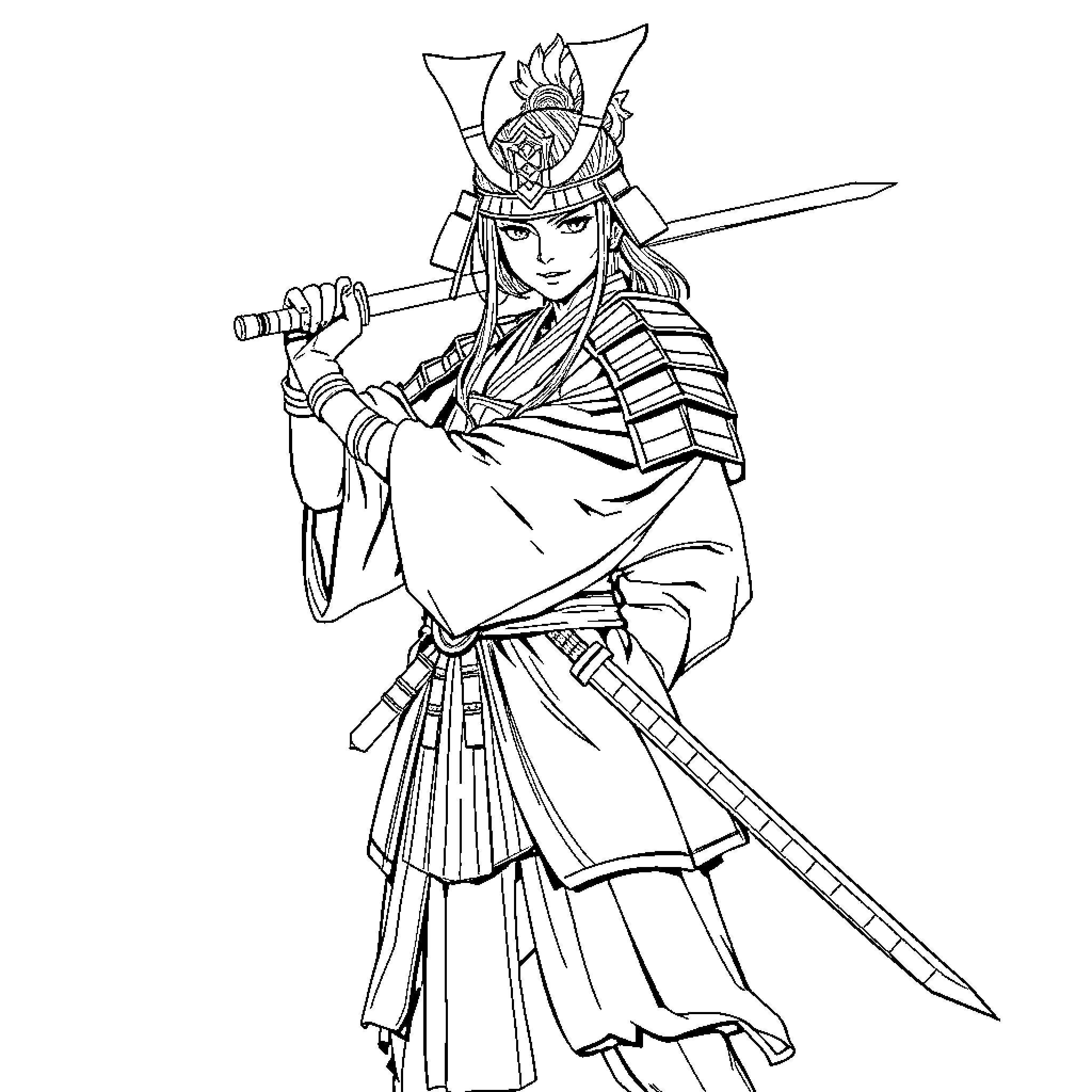 Samurai warrior with sword and traditional attire Coloring Page (free black-and-white line drawing printable PDF for all, from beginners to advanced learners, including children, teens, adults, and seniors)