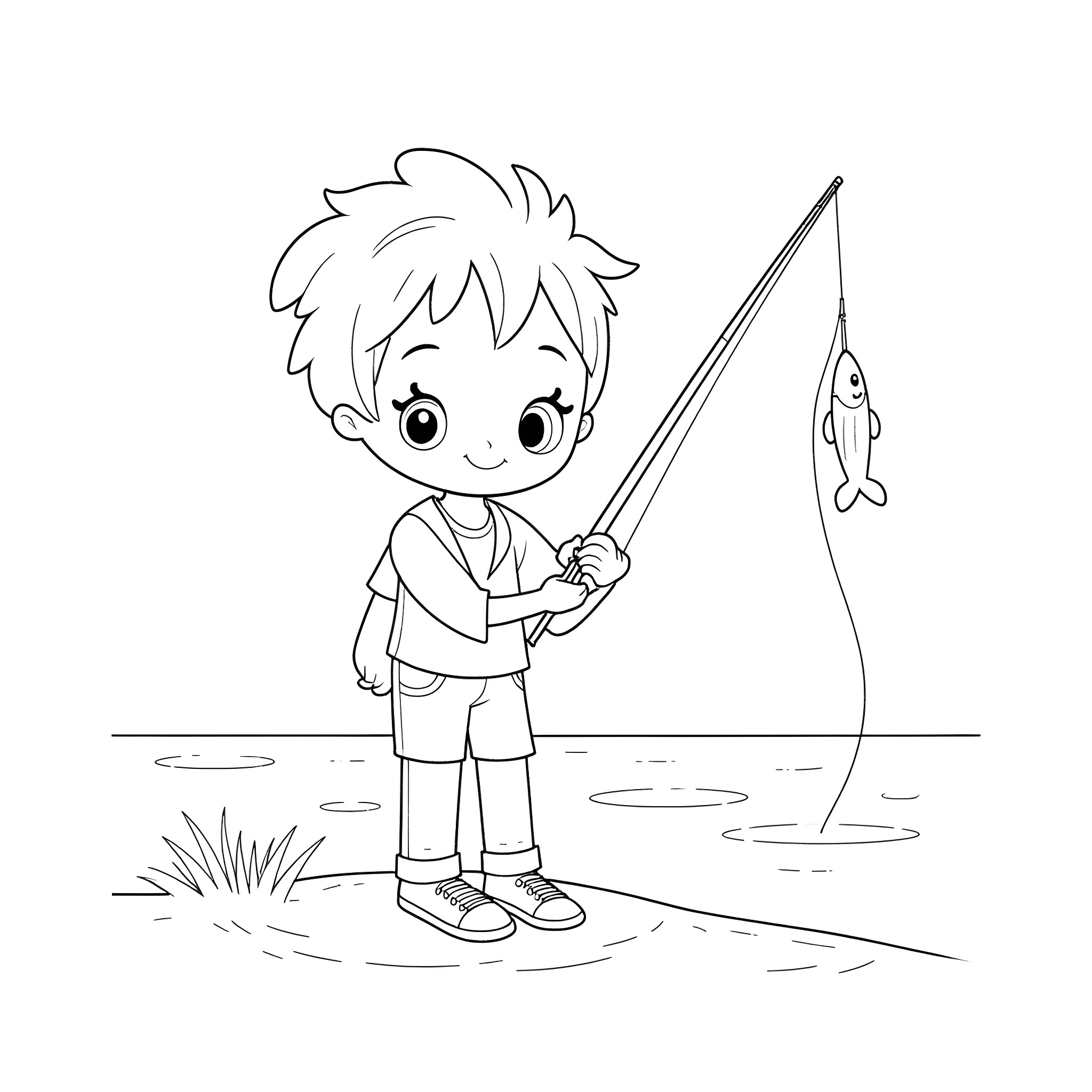 Miraculous boy fishing by the lake Coloring Page (free black-and-white line drawing printable PDF for all, from beginners to advanced learners, including children, teens, adults, and seniors)