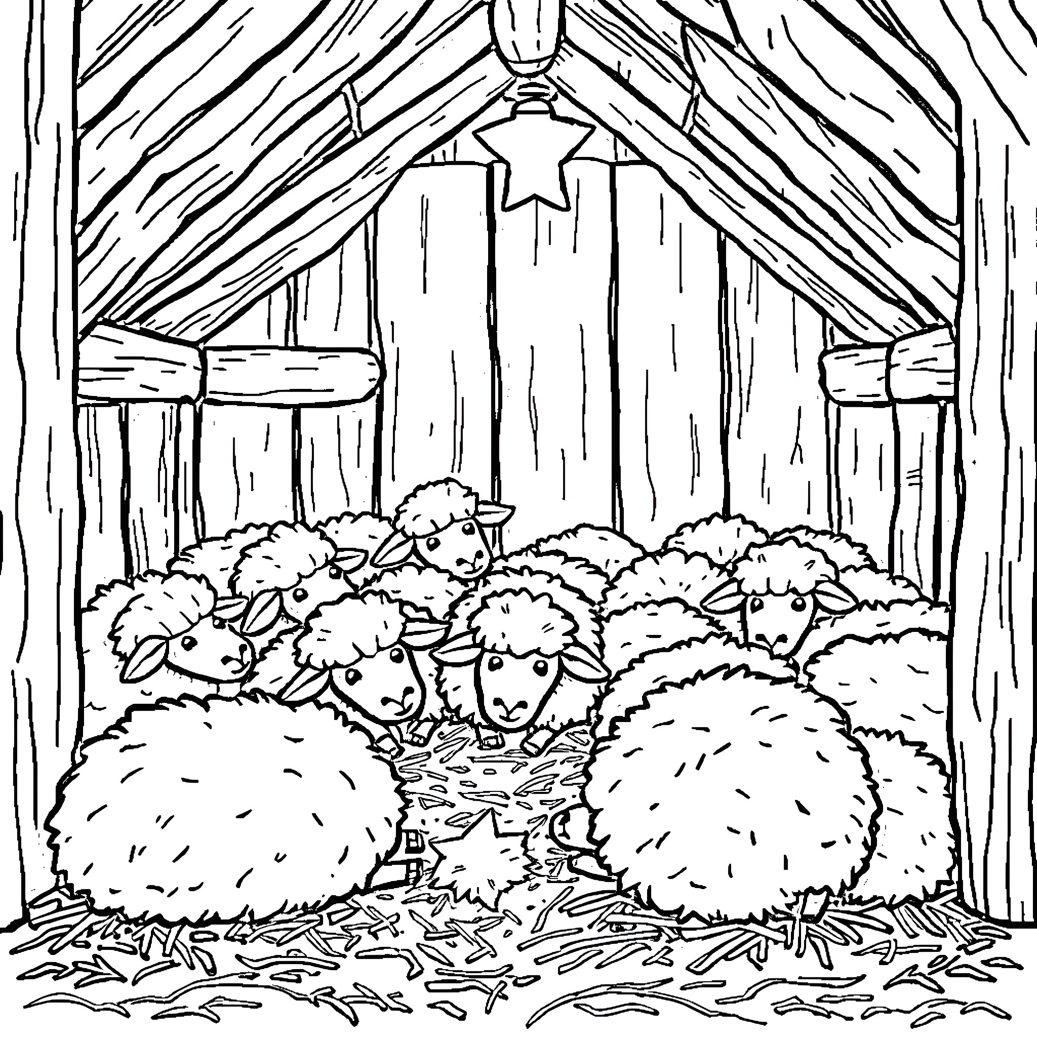 Sheep huddled together in a wooden barn Coloring Page (free black-and-white line drawing printable PDF for all, from beginners to advanced learners, including children, teens, adults, and seniors)