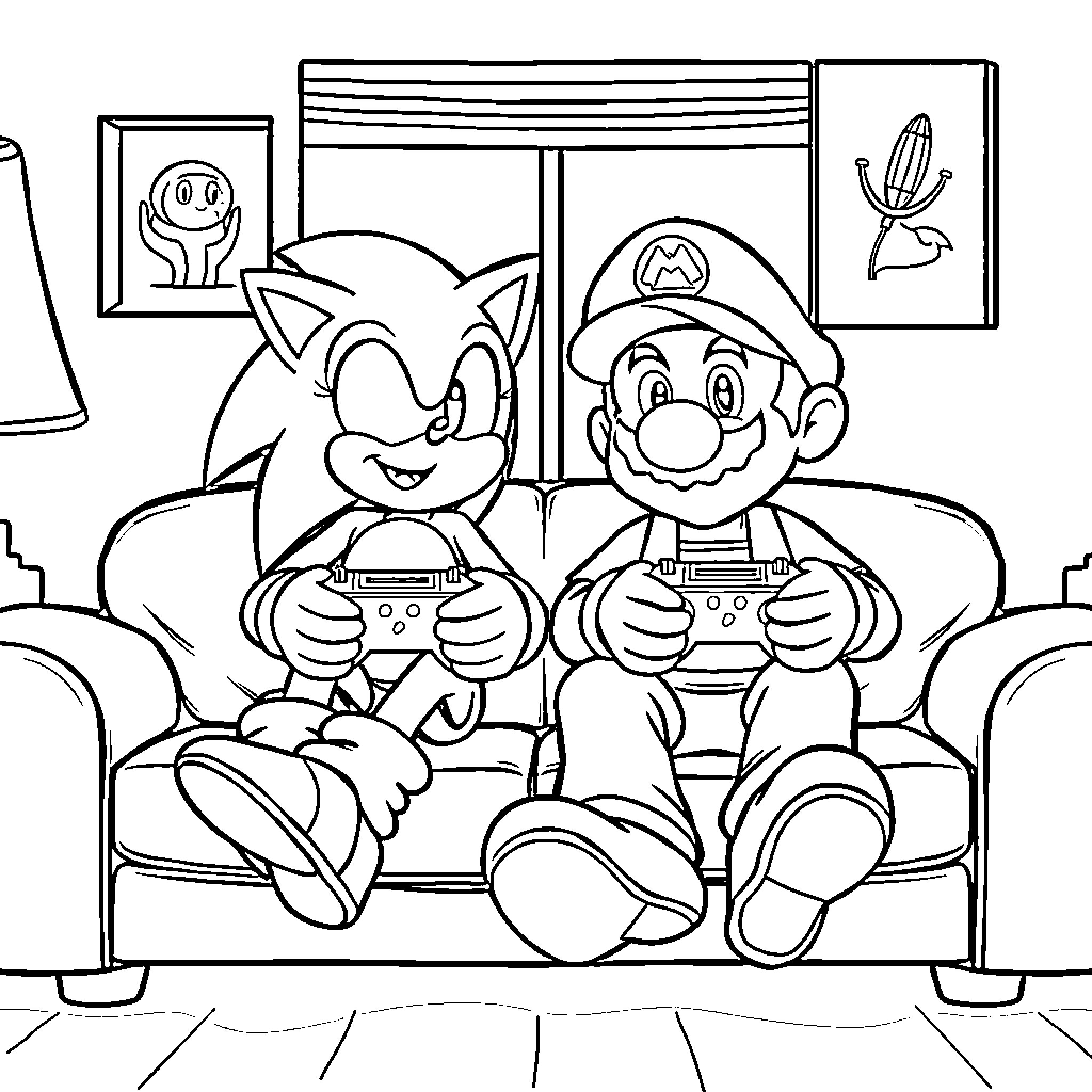 Sonic and Mario gaming together in the living room Coloring Page (free black-and-white line drawing printable PDF for all, from beginners to advanced learners, including children, teens, adults, and seniors)
