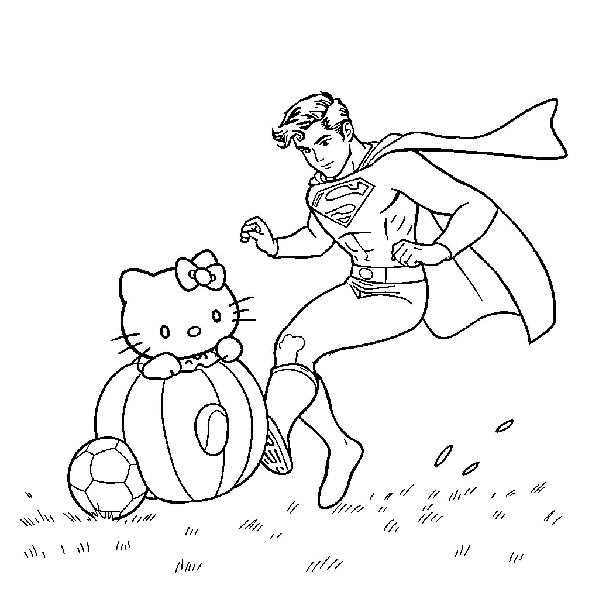 Superman saving Hello Kitty in the park Coloring Page (free black-and-white line drawing printable PDF for all, from beginners to advanced learners, including children, teens, adults, and seniors)