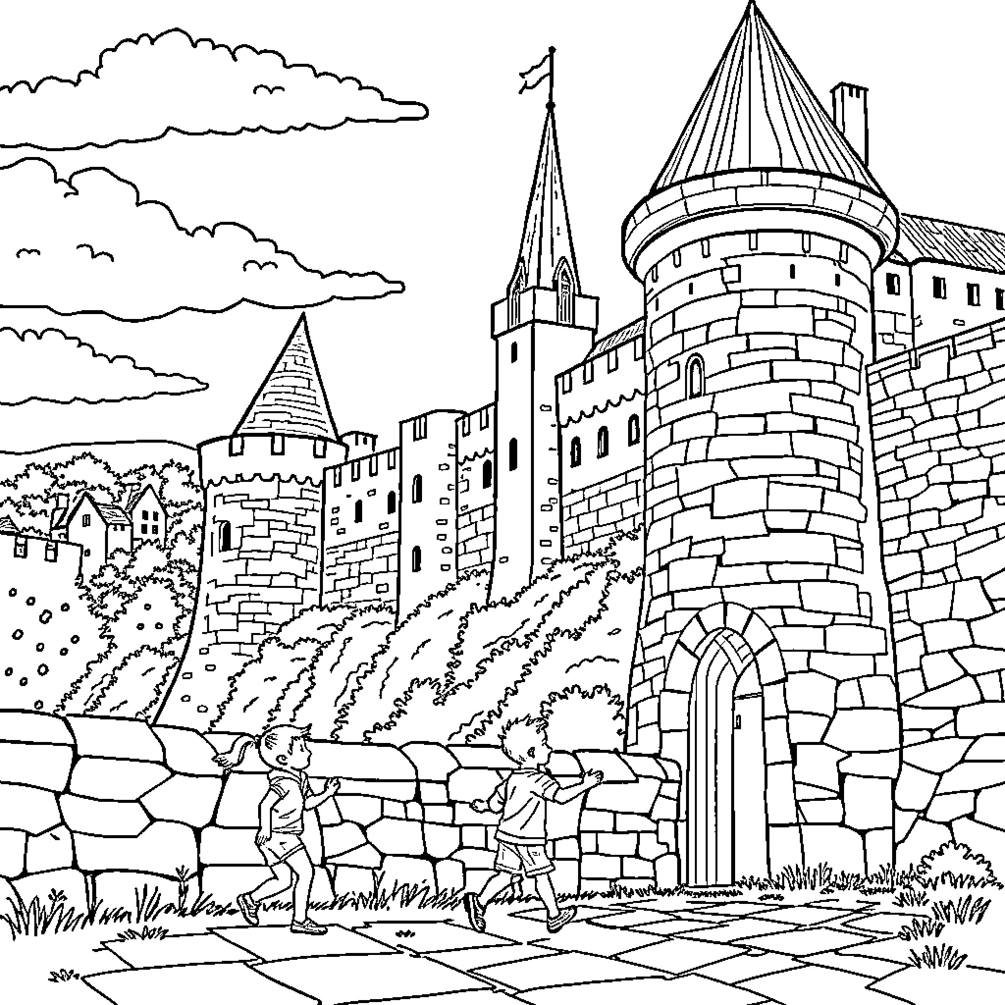 Kids Explore the Majestic Castle on the Hill Coloring Page (free black-and-white line drawing printable PDF for all, from beginners to advanced learners, including children, teens, adults, and seniors)