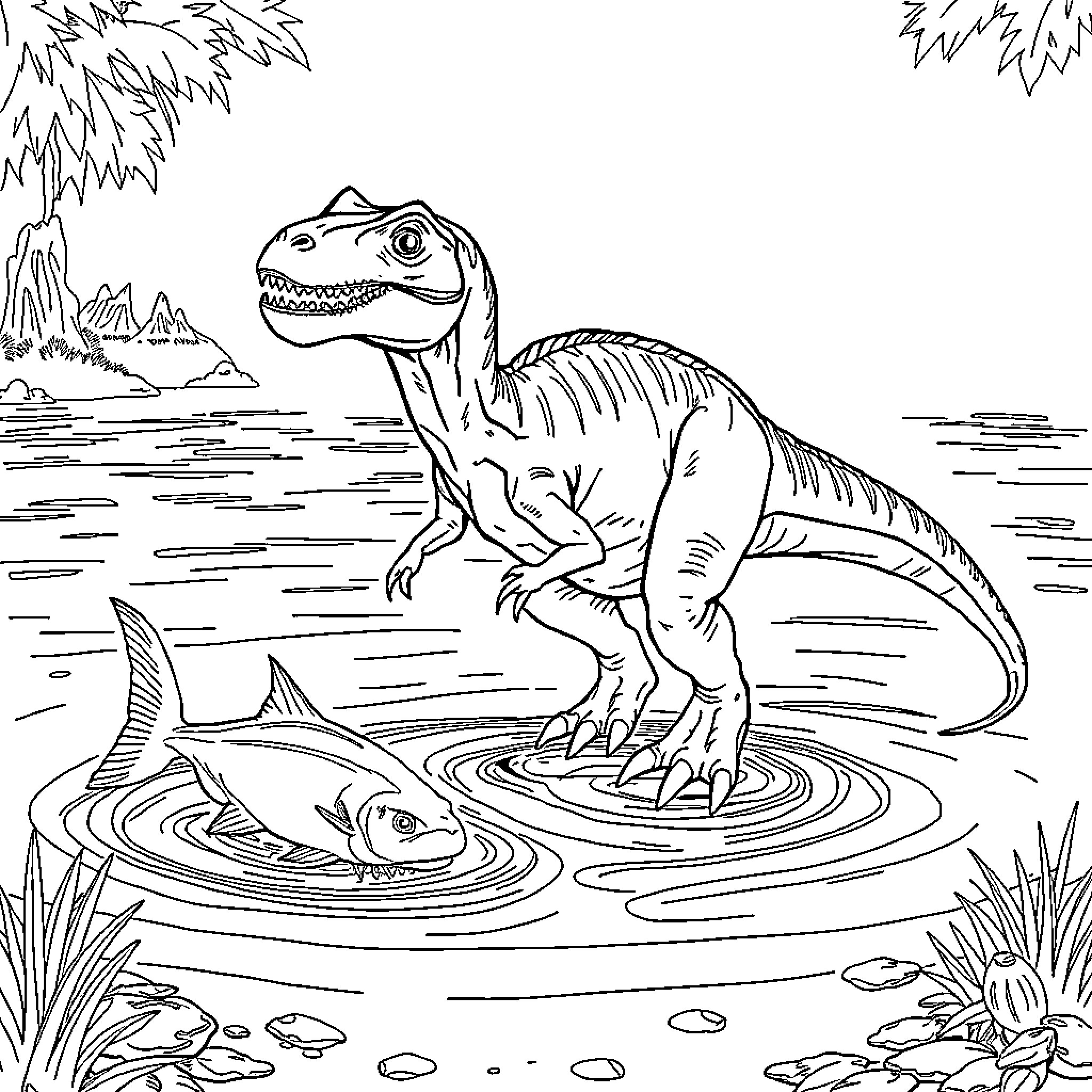 Velociraptor hunting for prey in prehistoric landscape Coloring Page (free black-and-white line drawing printable PDF for all, from beginners to advanced learners, including children, teens, adults, and seniors)