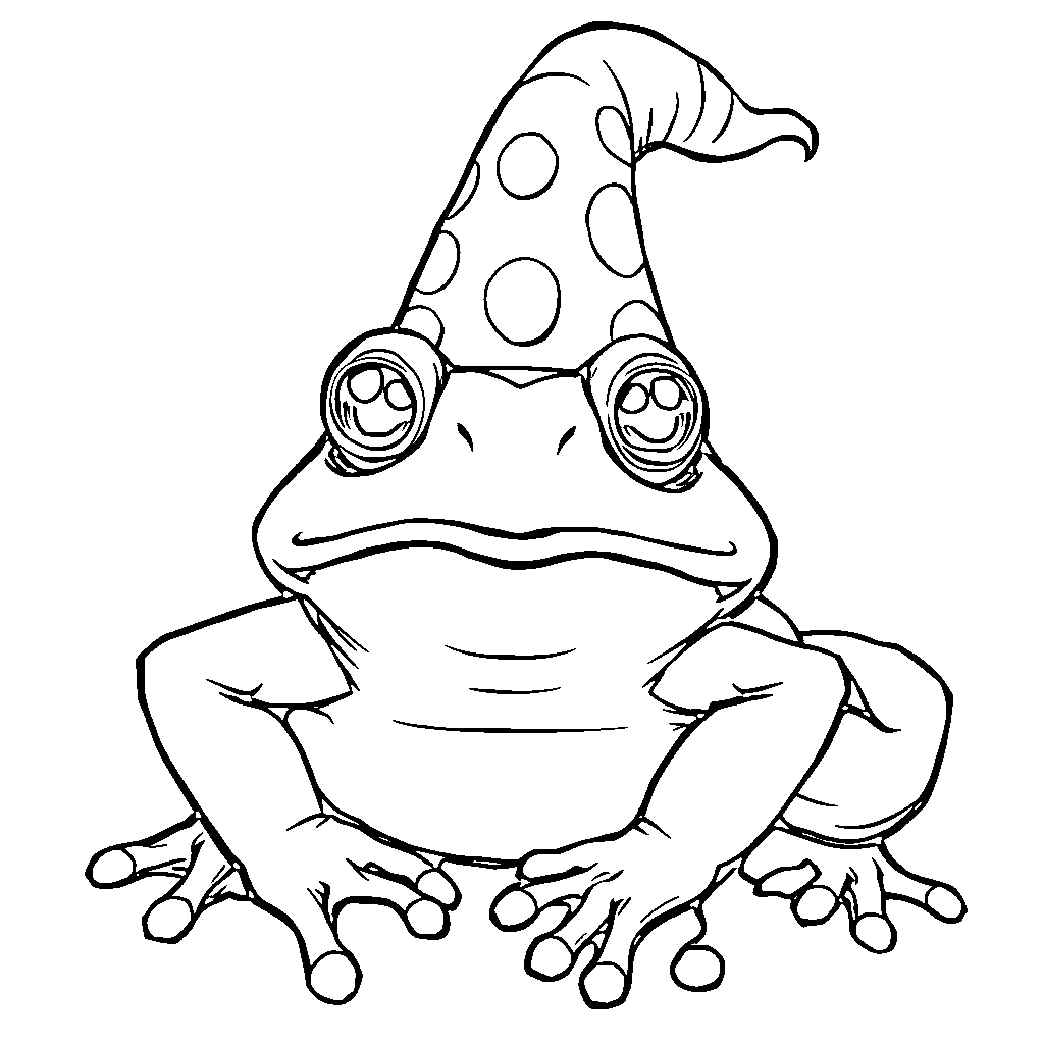 Frog wearing a polka dot hat Coloring Page (free black-and-white line drawing printable PDF for all, from beginners to advanced learners, including children, teens, adults, and seniors)