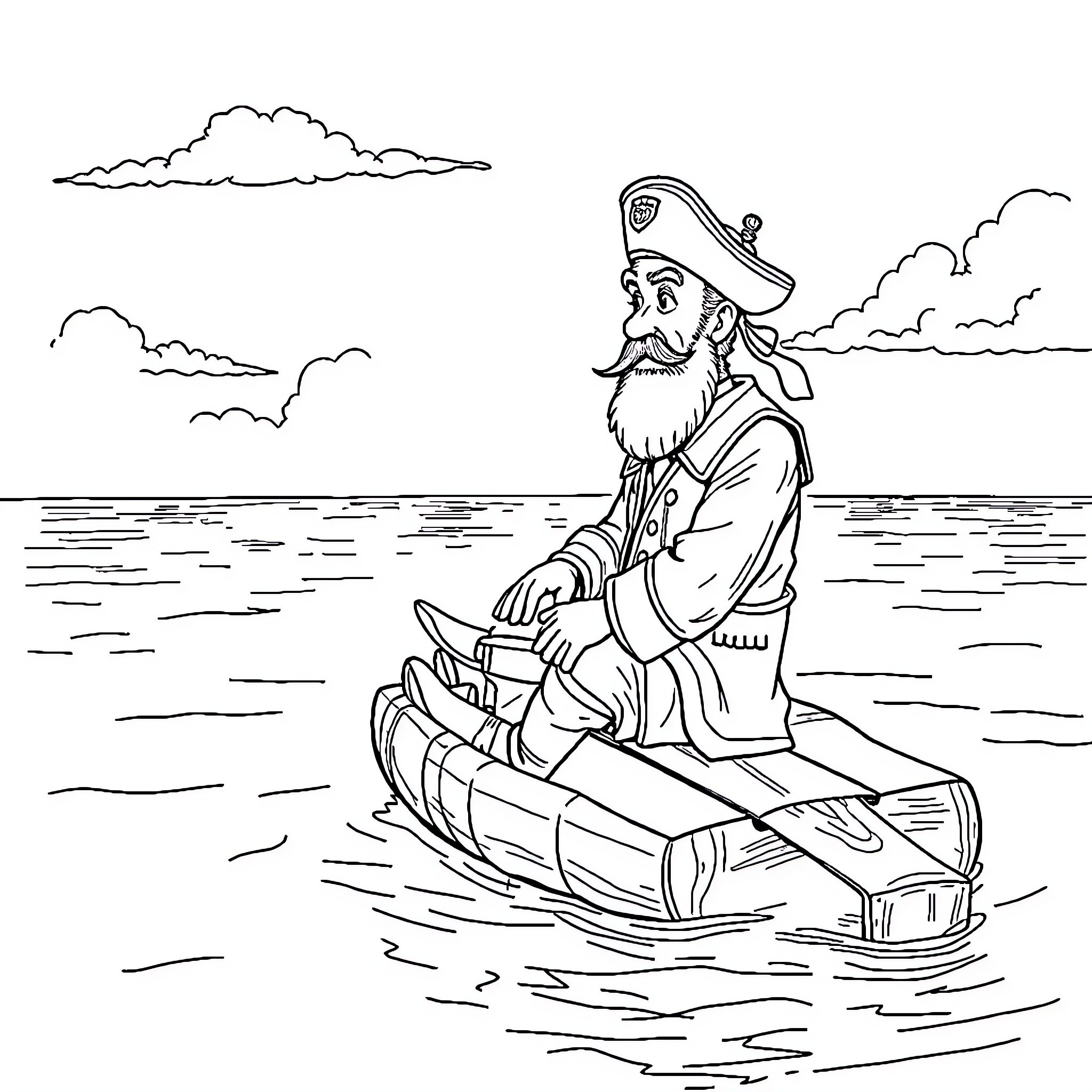 Capitaine Haddock navigating a wooden boat on the high seas Coloring Page (free black-and-white line drawing printable PDF for all, from beginners to advanced learners, including children, teens, adults, and seniors)