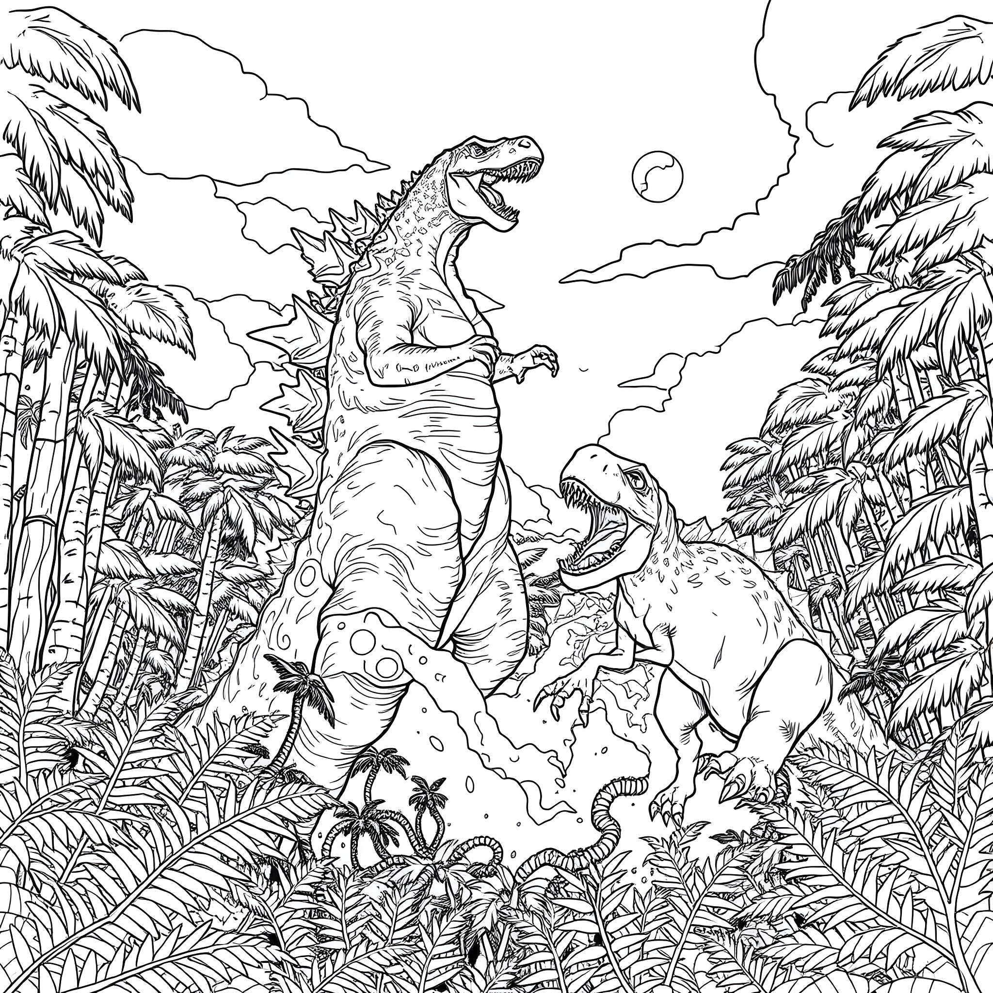 Kingzilla battles fierce dinosaurs in a lush jungle Coloring Page (free black-and-white line drawing printable PDF for all, from beginners to advanced learners, including children, teens, adults, and seniors)