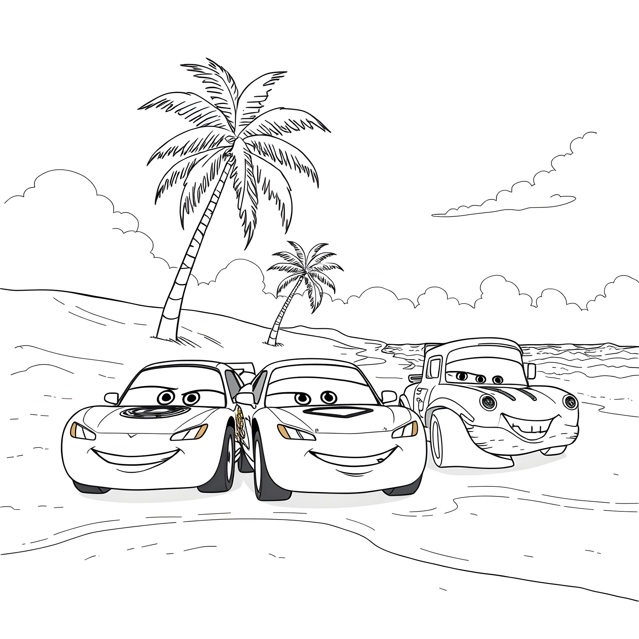 Cars on the beach with palm trees Coloring Page (free black-and-white line drawing printable PDF for all, from beginners to advanced learners, including children, teens, adults, and seniors)