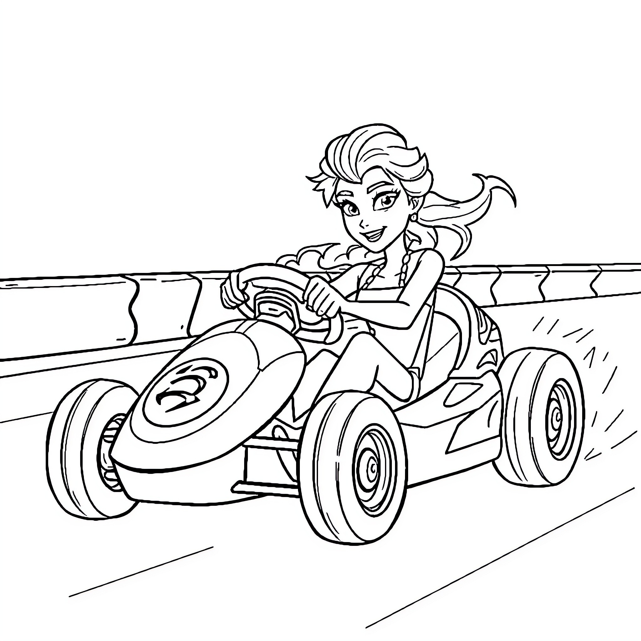 Elsa driving a kart in a race Coloring Page (free black-and-white line drawing printable PDF for all, from beginners to advanced learners, including children, teens, adults, and seniors)