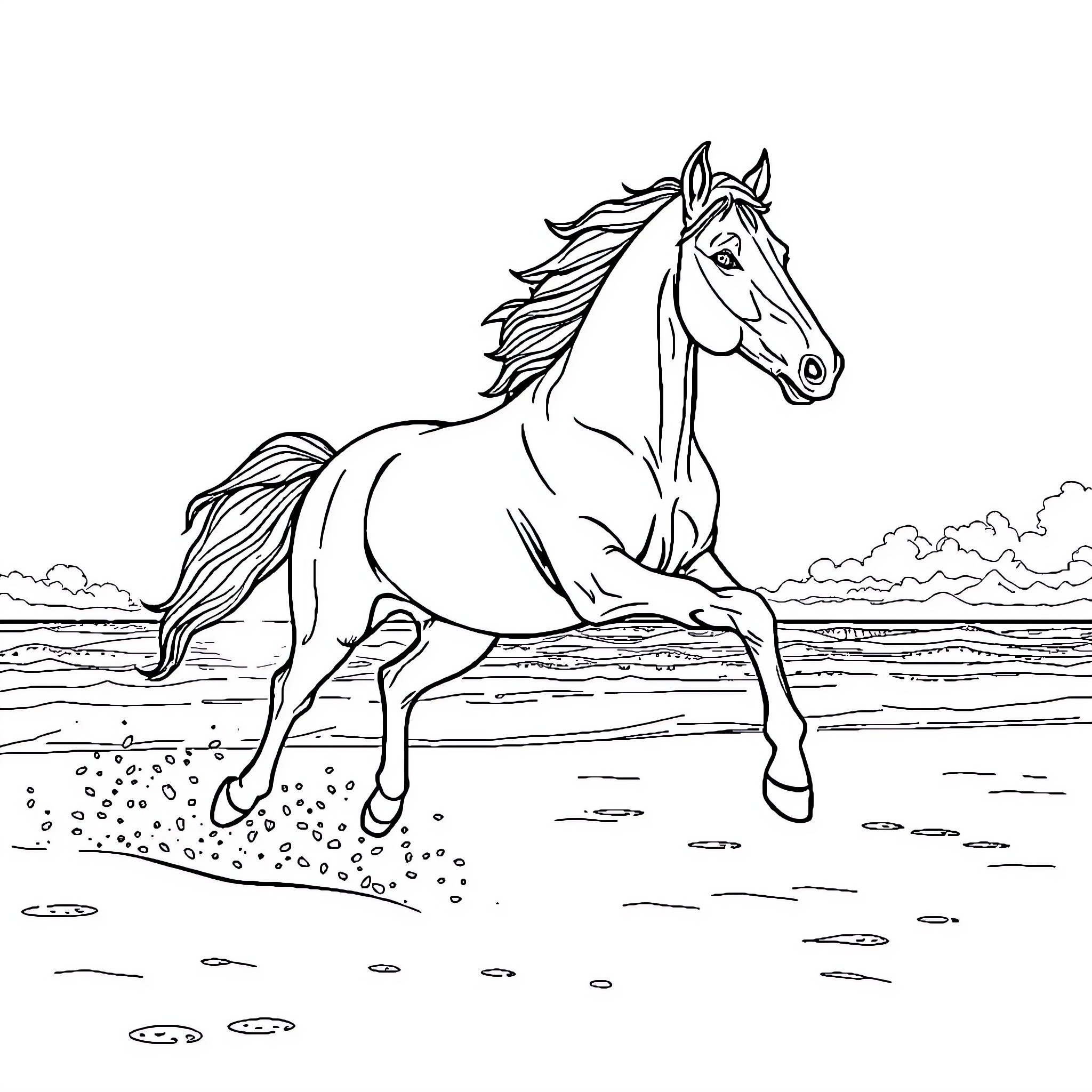 Horse galloping gracefully through the countryside Coloring Page (free black-and-white line drawing printable PDF for all, from beginners to advanced learners, including children, teens, adults, and seniors)