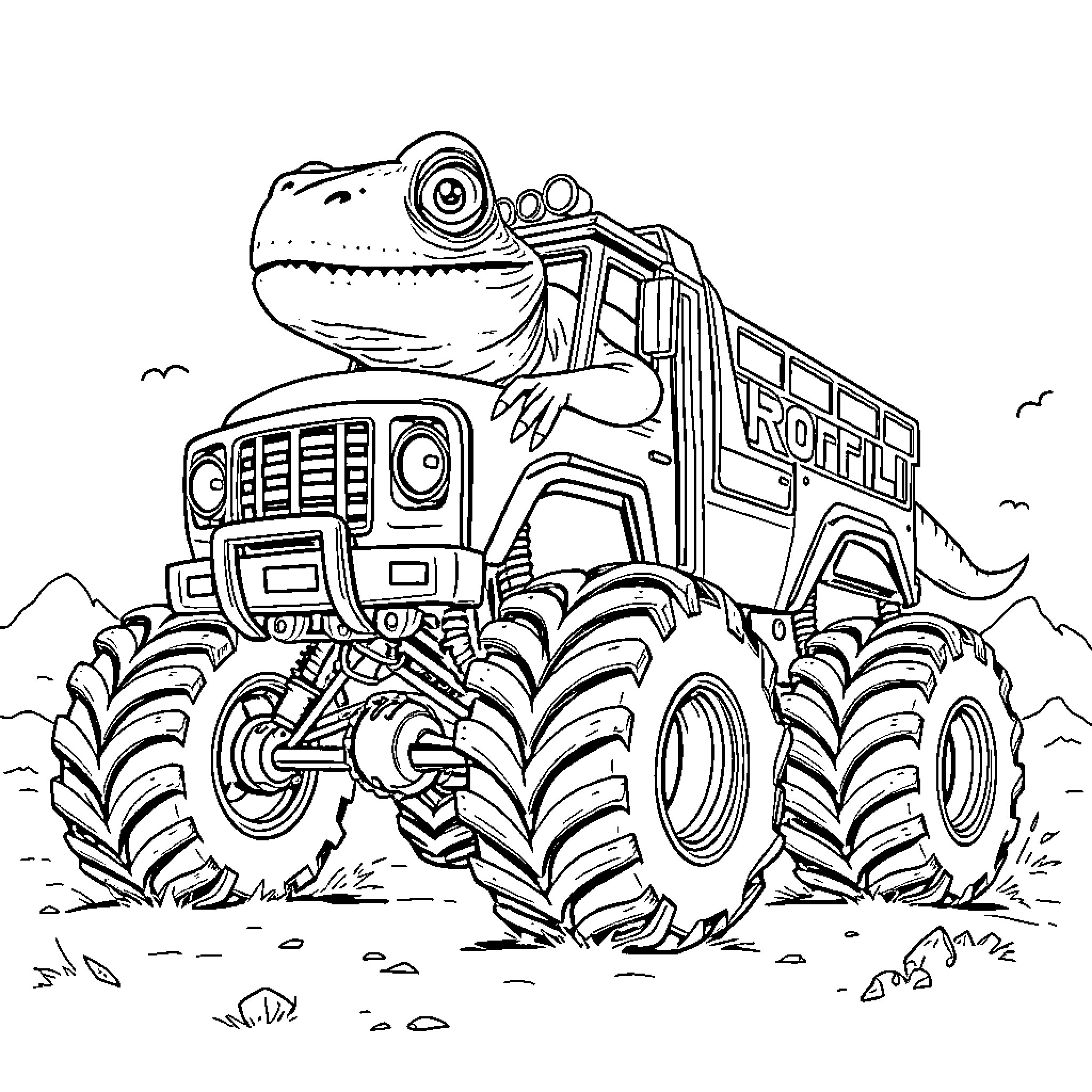 Monster Truck with Friendly Dinosaur Driver Coloring Page (free black-and-white line drawing printable PDF for all, from beginners to advanced learners, including children, teens, adults, and seniors)