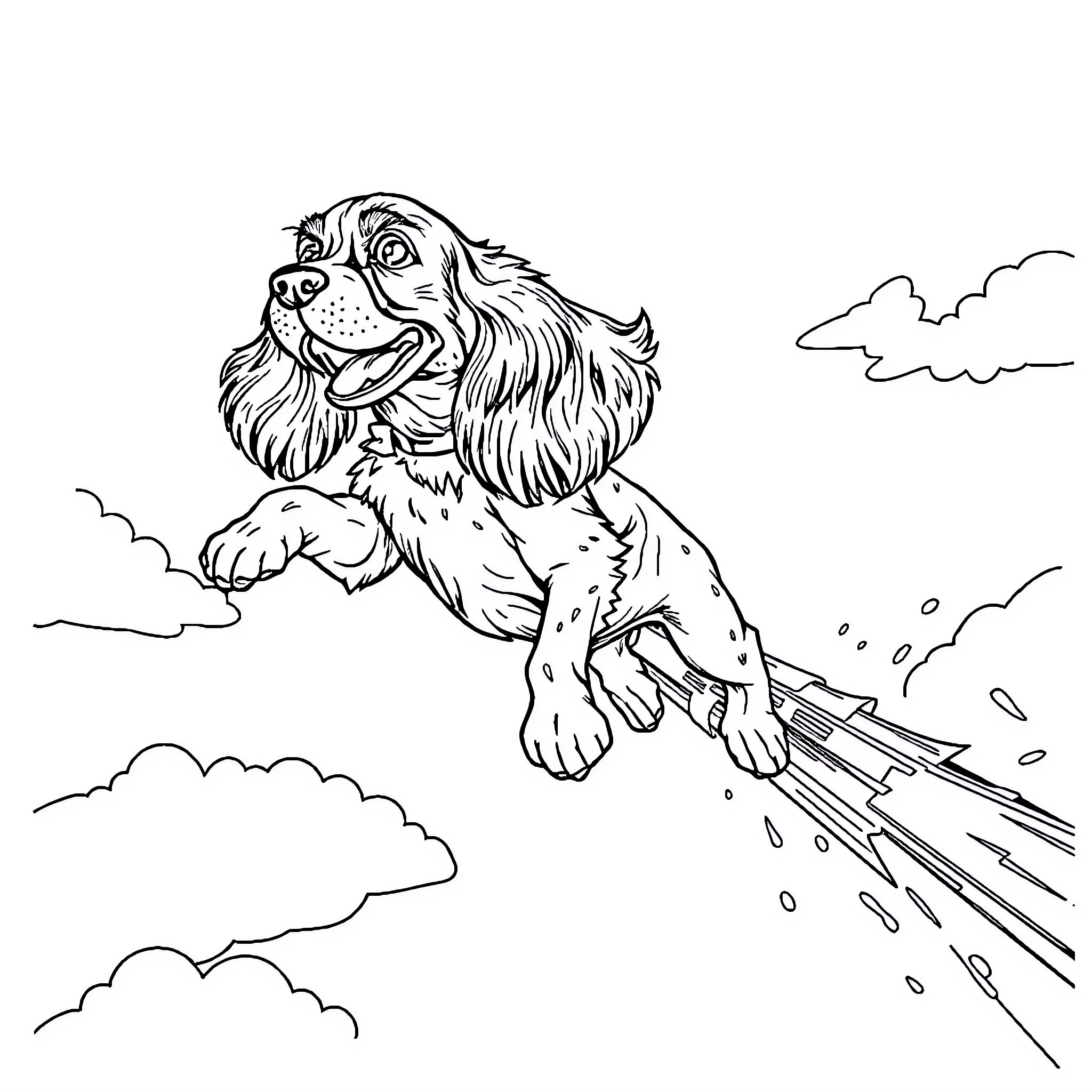 Cocker Spaniel flying through the clouds Coloring Page (free black-and-white line drawing printable PDF for all, from beginners to advanced learners, including children, teens, adults, and seniors)