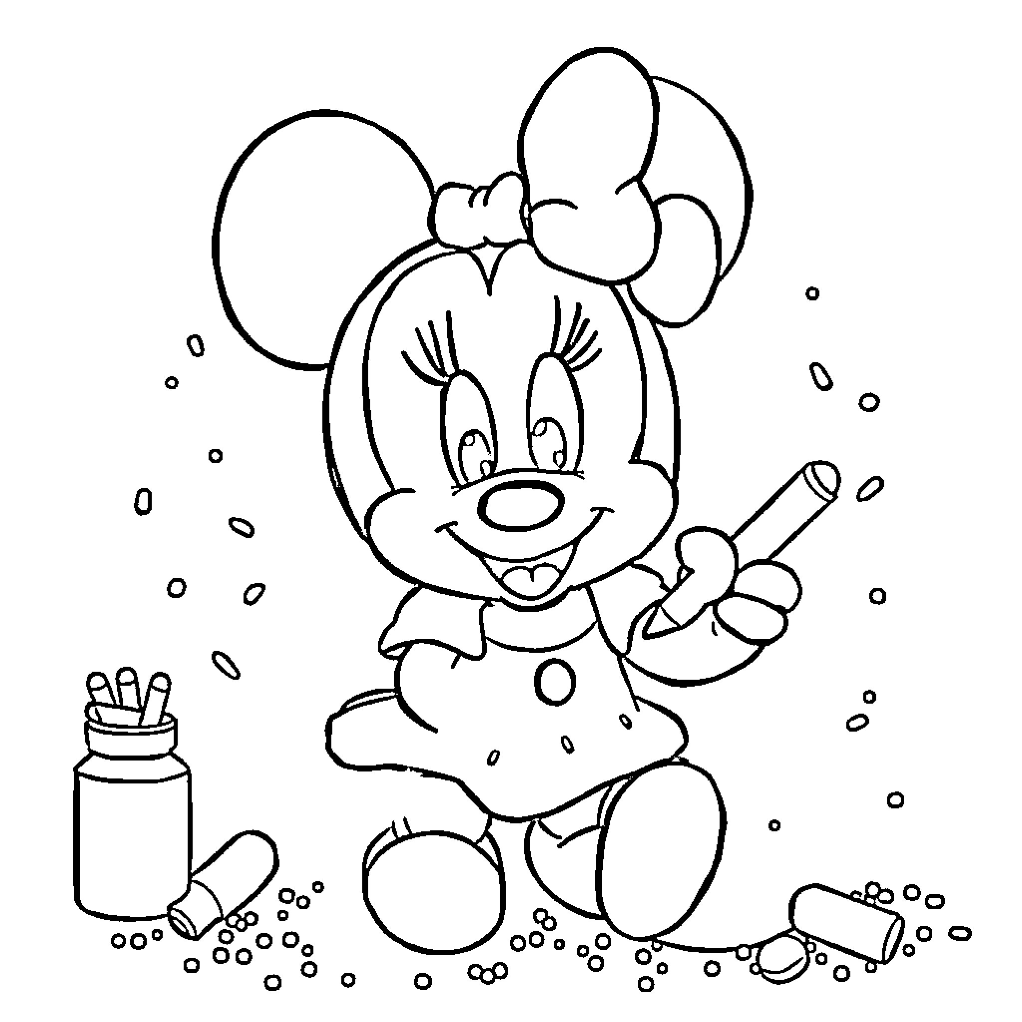 Minnie's Playful Bubble Adventure Coloring Page (free black-and-white line drawing printable PDF for all, from beginners to advanced learners, including children, teens, adults, and seniors)
