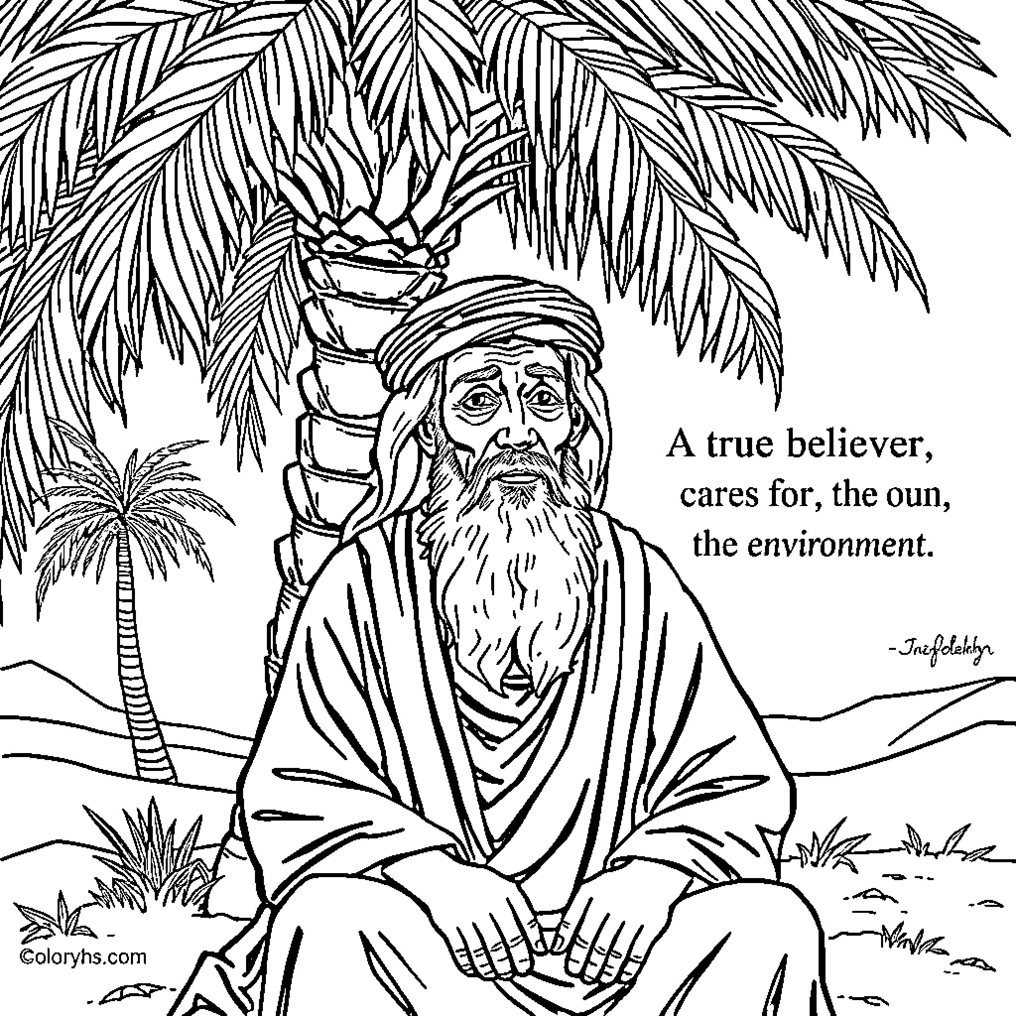 Arab Man Contemplating Nature's Beauty in Desert Landscape Coloring Page (free black-and-white line drawing printable PDF for all, from beginners to advanced learners, including children, teens, adults, and seniors)