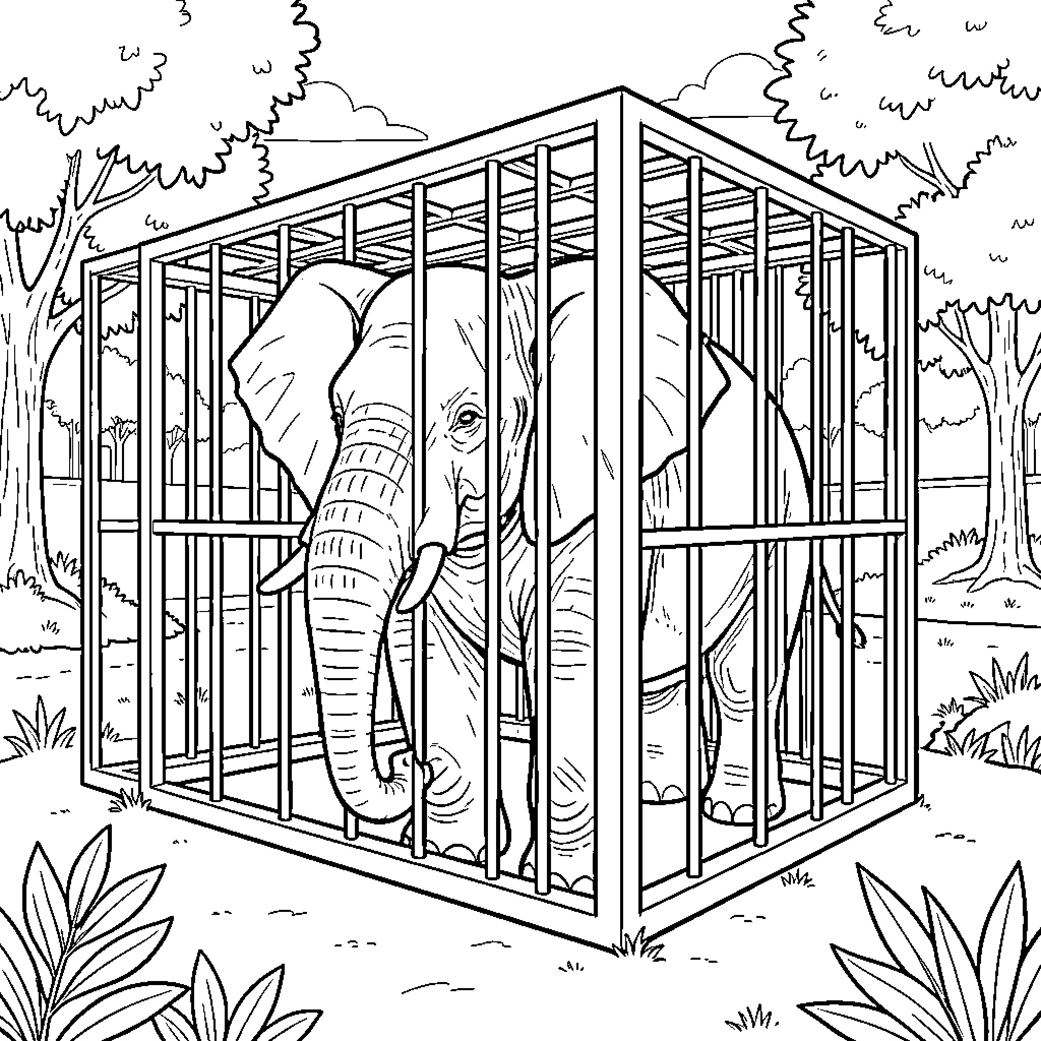 Elephant confined in a cage surrounded by nature Coloring Page (free black-and-white line drawing printable PDF for all, from beginners to advanced learners, including children, teens, adults, and seniors)