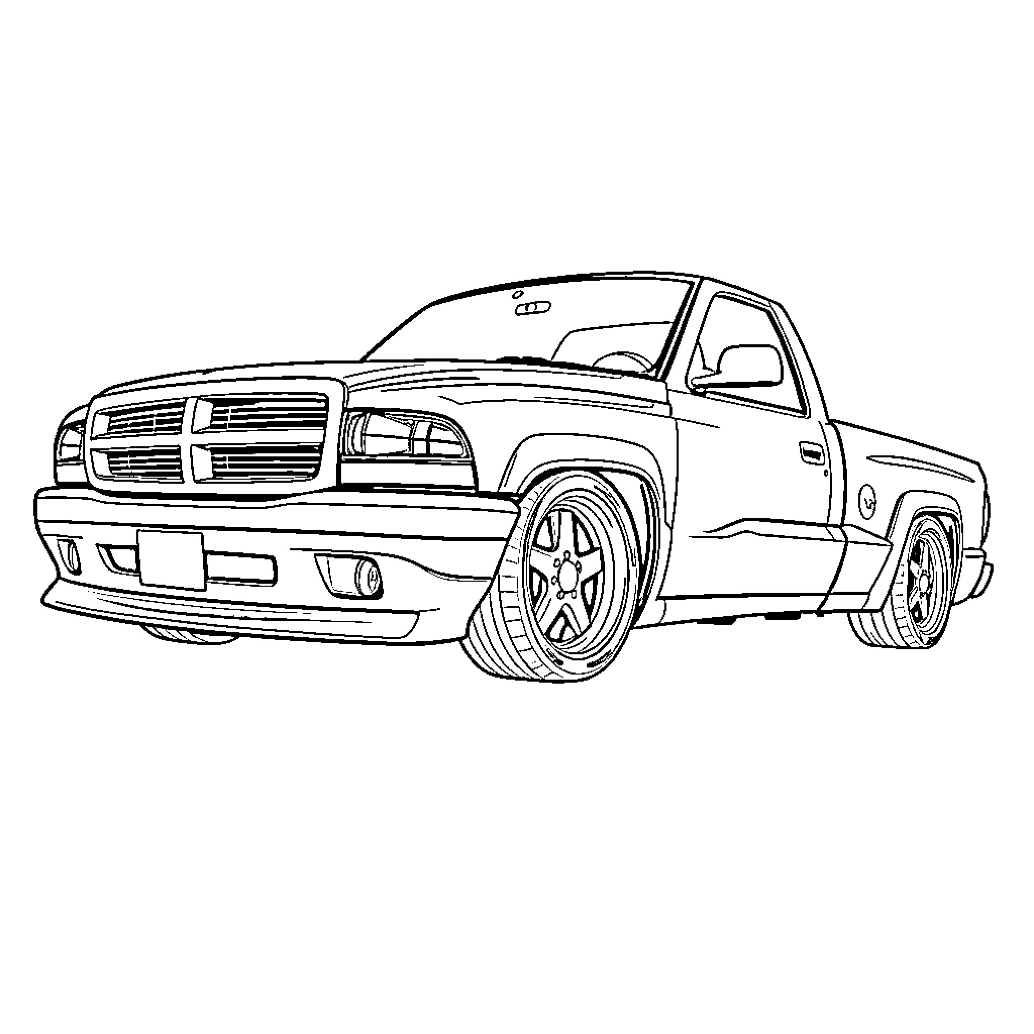 Dodge Dakota pickup truck on the road Coloring Page (free black-and-white line drawing printable PDF for all, from beginners to advanced learners, including children, teens, adults, and seniors)