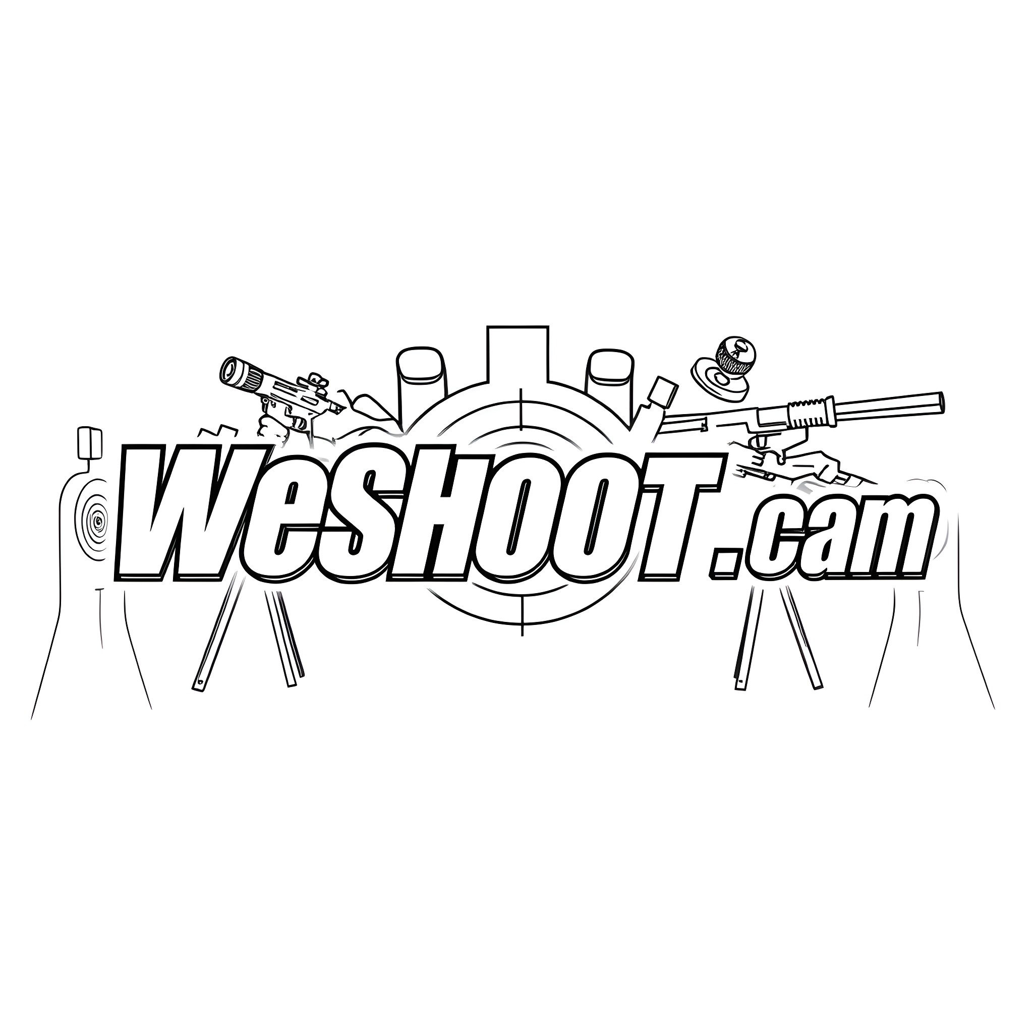 Weshootusa Logo: Firearms, Targets, and Camera Coloring Page (free black-and-white line drawing printable PDF for all, from beginners to advanced learners, including children, teens, adults, and seniors)