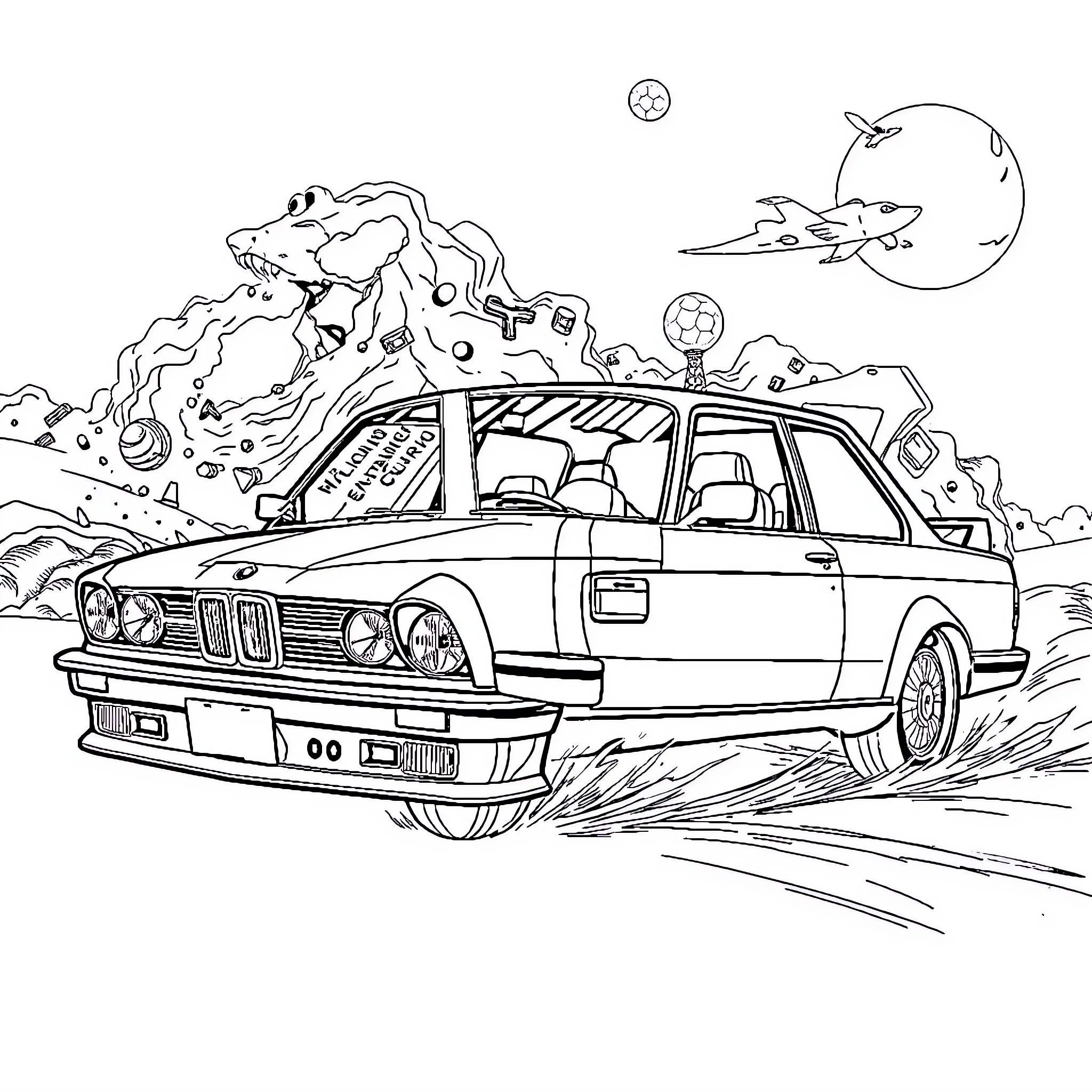 E30 BMW in an action-packed adventure Coloring Page (free black-and-white line drawing printable PDF for all, from beginners to advanced learners, including children, teens, adults, and seniors)