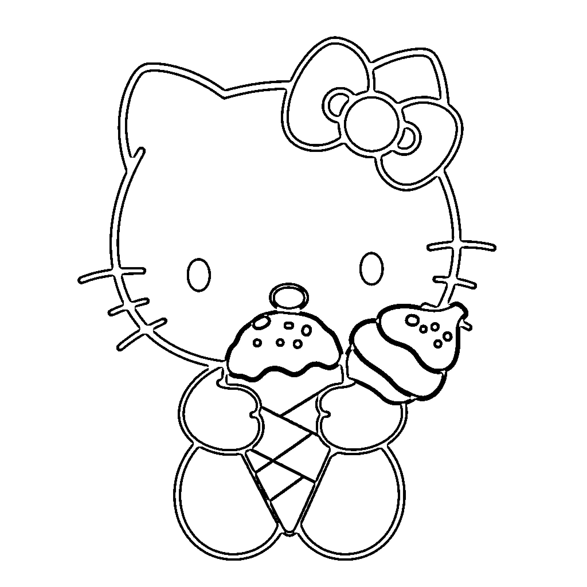 Hello Kitty enjoys ice cream treat Coloring Page (free black-and-white line drawing printable PDF for all, from beginners to advanced learners, including children, teens, adults, and seniors)