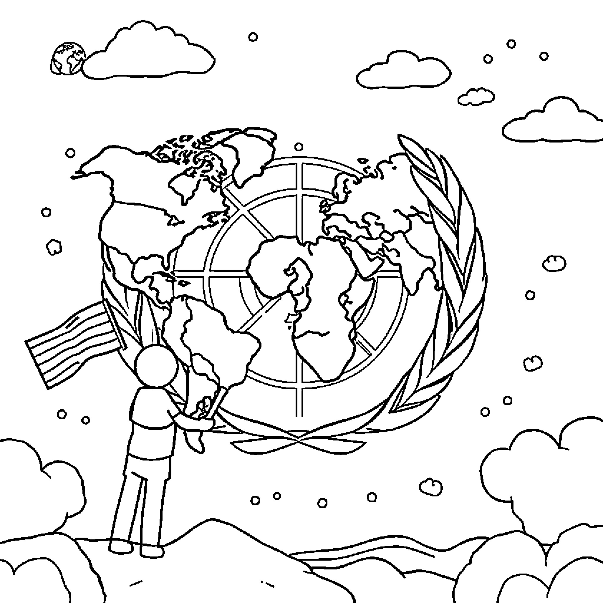 United Nations: Diplomacy and Global Collaboration Coloring Page (free black-and-white line drawing printable PDF for all, from beginners to advanced learners, including children, teens, adults, and seniors)