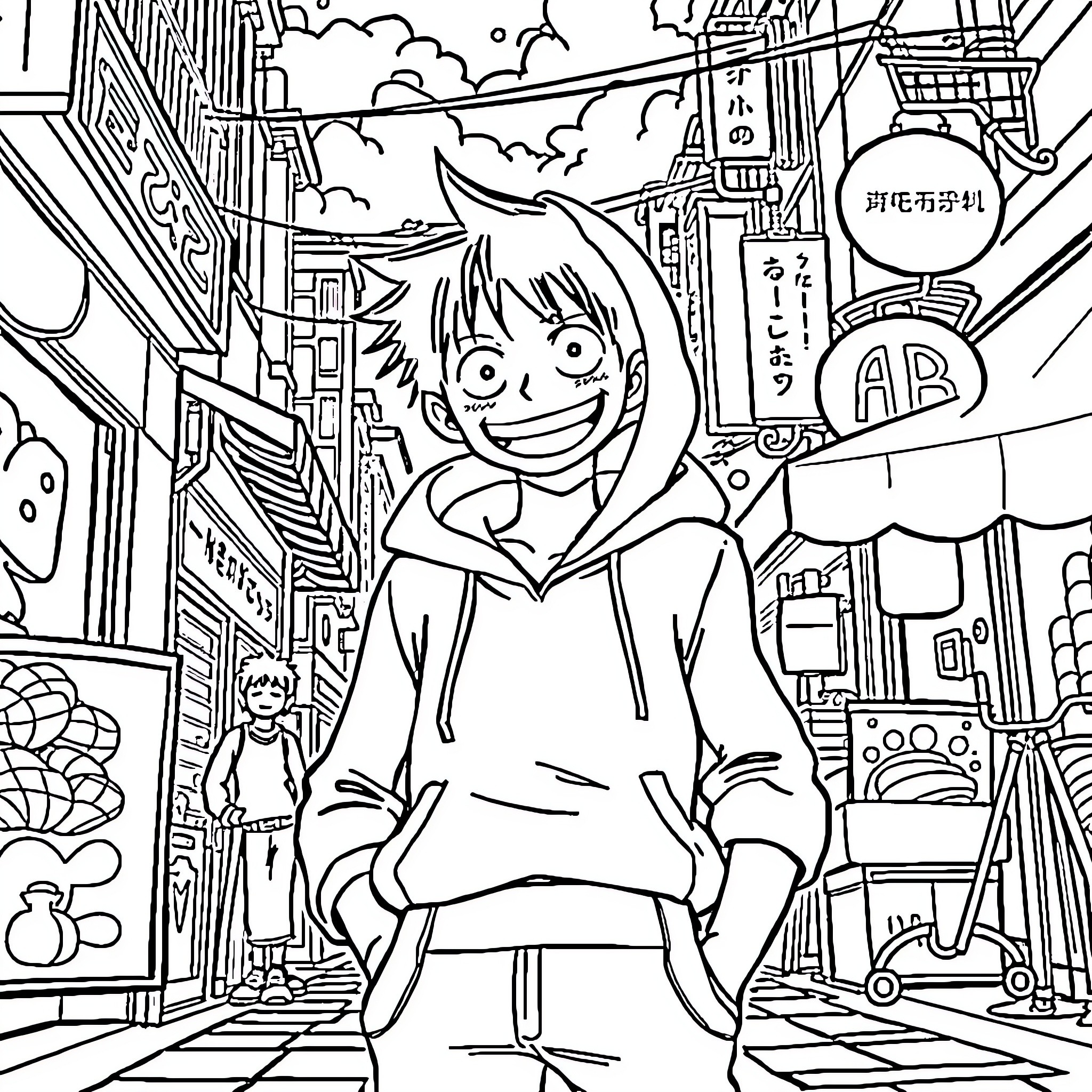 Luffy's Animated Adventure in the Bustling City Coloring Page (free black-and-white line drawing printable PDF for all, from beginners to advanced learners, including children, teens, adults, and seniors)