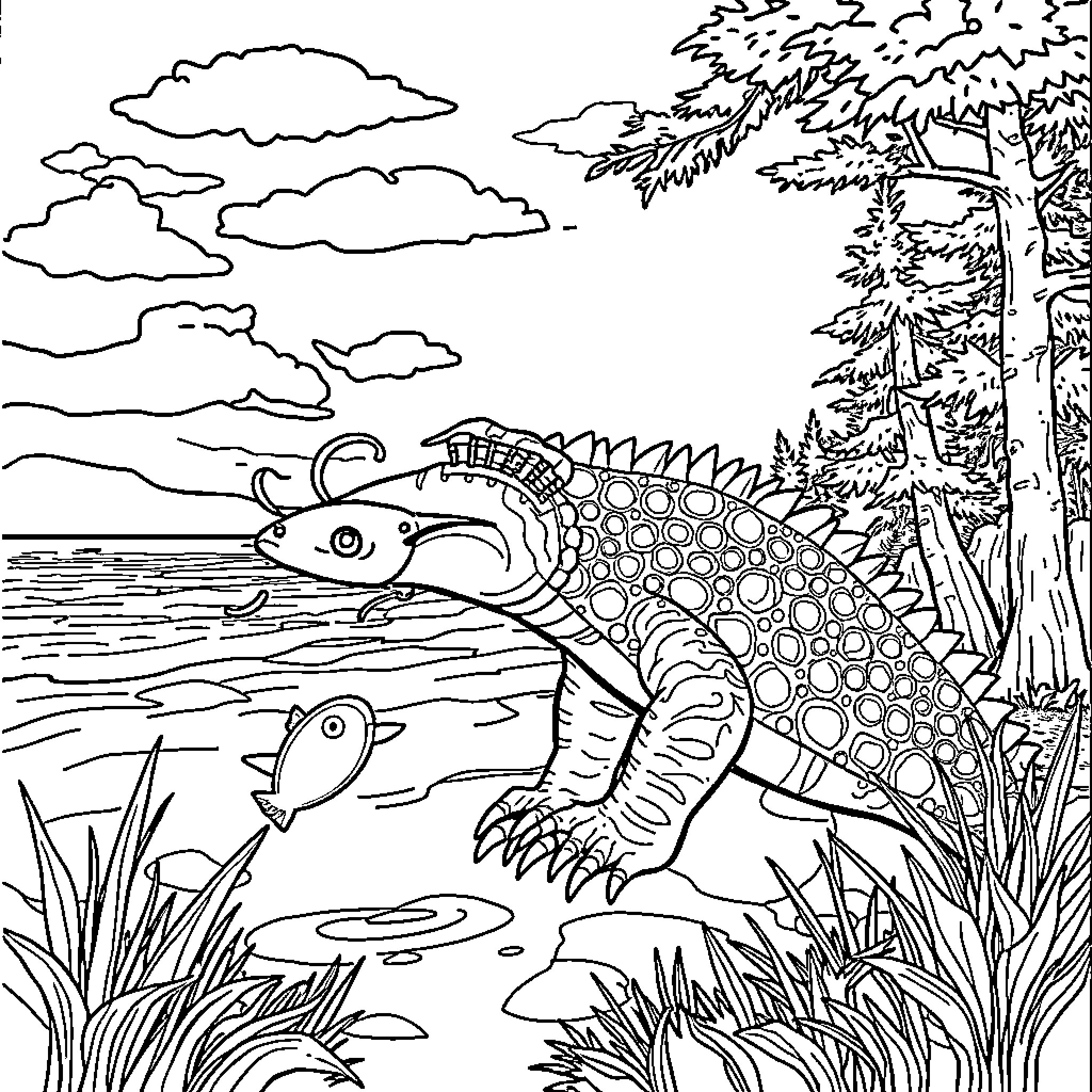 Krokodil exploring the lush forest landscape Coloring Page (free black-and-white line drawing printable PDF for all, from beginners to advanced learners, including children, teens, adults, and seniors)