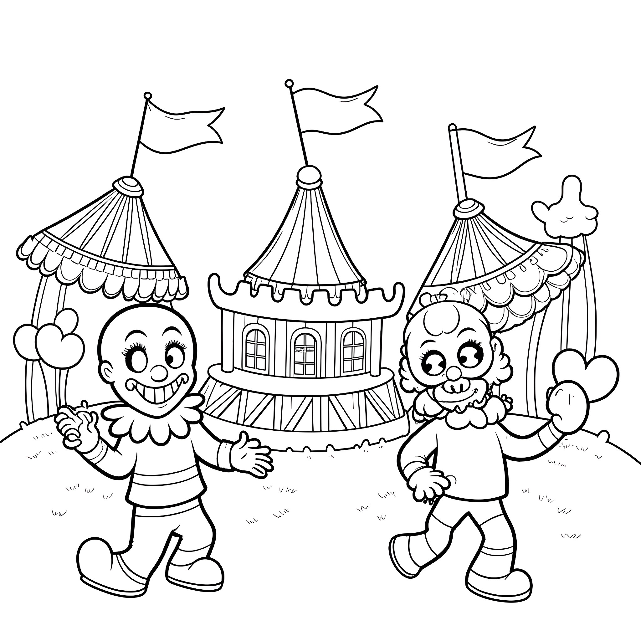 Carnival Celebration with Joyful Clowns and Colorful Tents Coloring Page (free black-and-white line drawing printable PDF for all, from beginners to advanced learners, including children, teens, adults, and seniors)